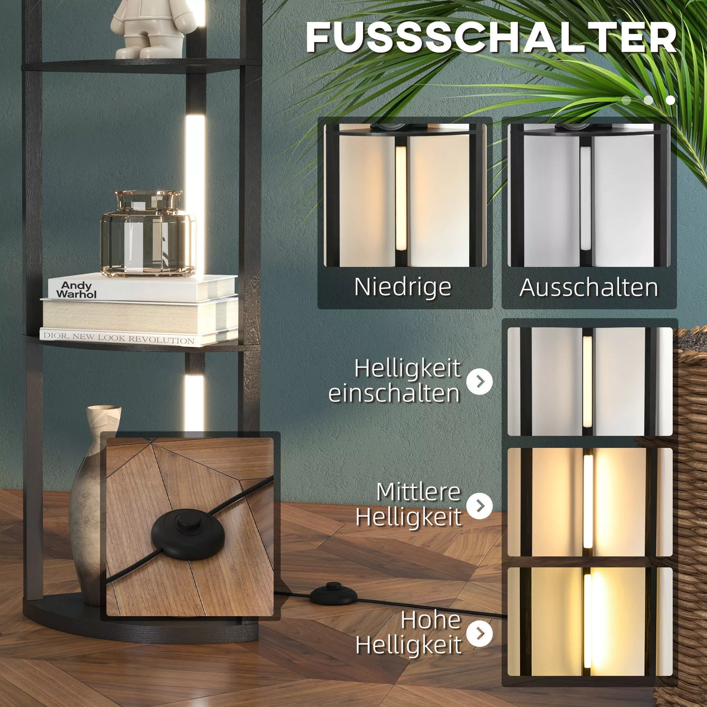 LED toršeras, kampinė lentyna, su reguliuojamu ryškumu, 4 lentynos, šilta balta šviesa, 41x30x164cm, juoda