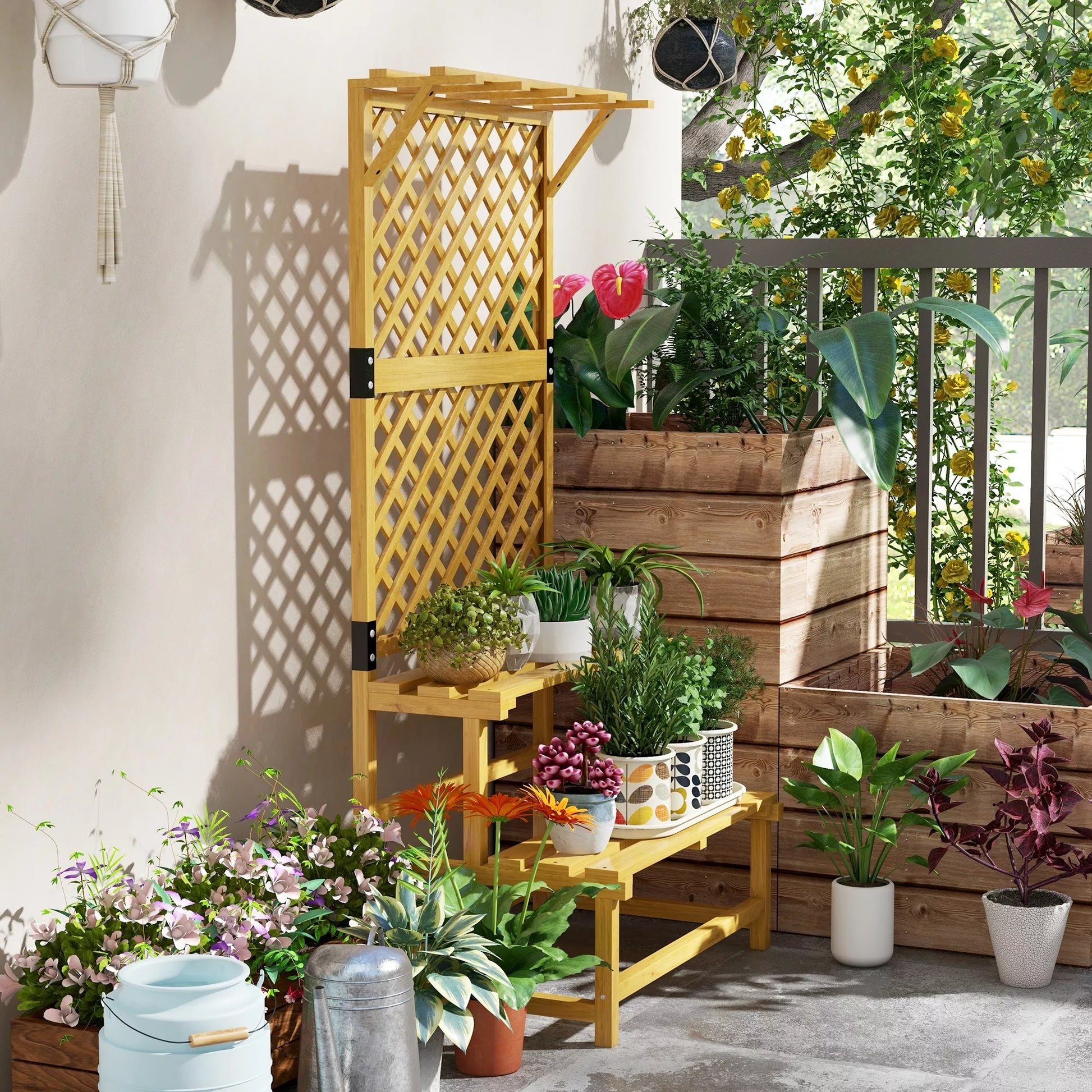 Augalų stovas, gėlių lentynos, 2 aukštai, su grotelėmis ir stogu, pušies mediena, 75x50x166 cm, geltonos spalvos