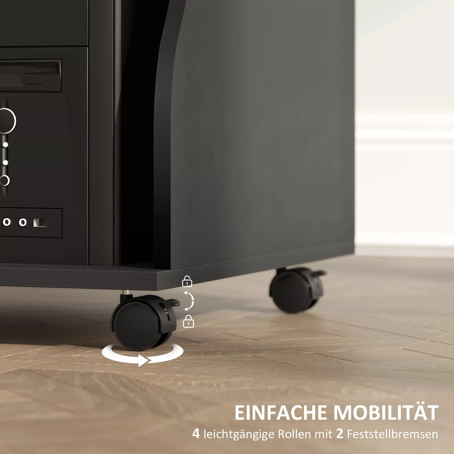 Juodas kompiuterio stalas su ratukais ir daiktadėže, 80 x 48 x 75 cm