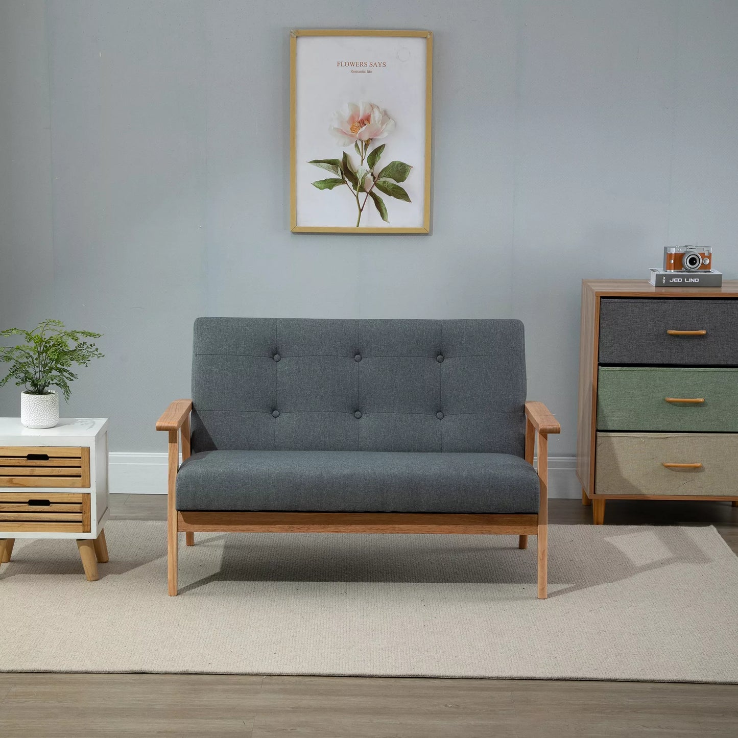2 vietų sofa, 115 cm ilgio sofa su porankiais, atlošu, Maža minkšta sofa su linine išvaizda, medinės kojos, Minkšta svetainės, miegamojo poilsio sofa, Tamsiai pilka