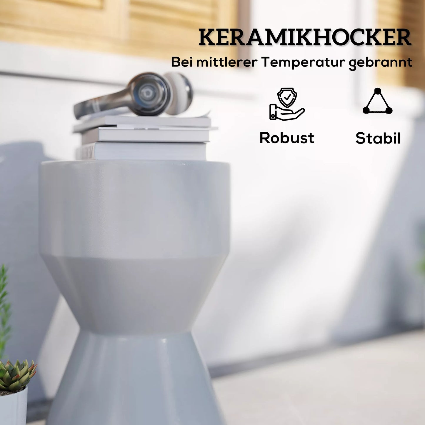 Keraminis sėdmaišis, atlaikantis 120 kg, Ø33 x 45,5 cm, atsparus oro sąlygoms, sodo pufas smėlio laikrodžio formos, šviesiai pilkas