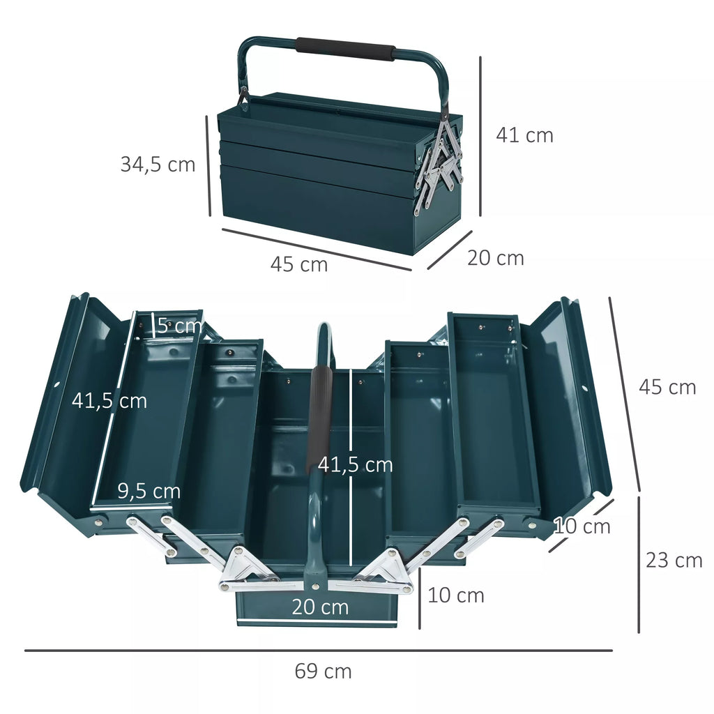 Įrankių dėžės matmenų schema: 45 x 20 x 34,5 cm, atidaryti 5 skyriai