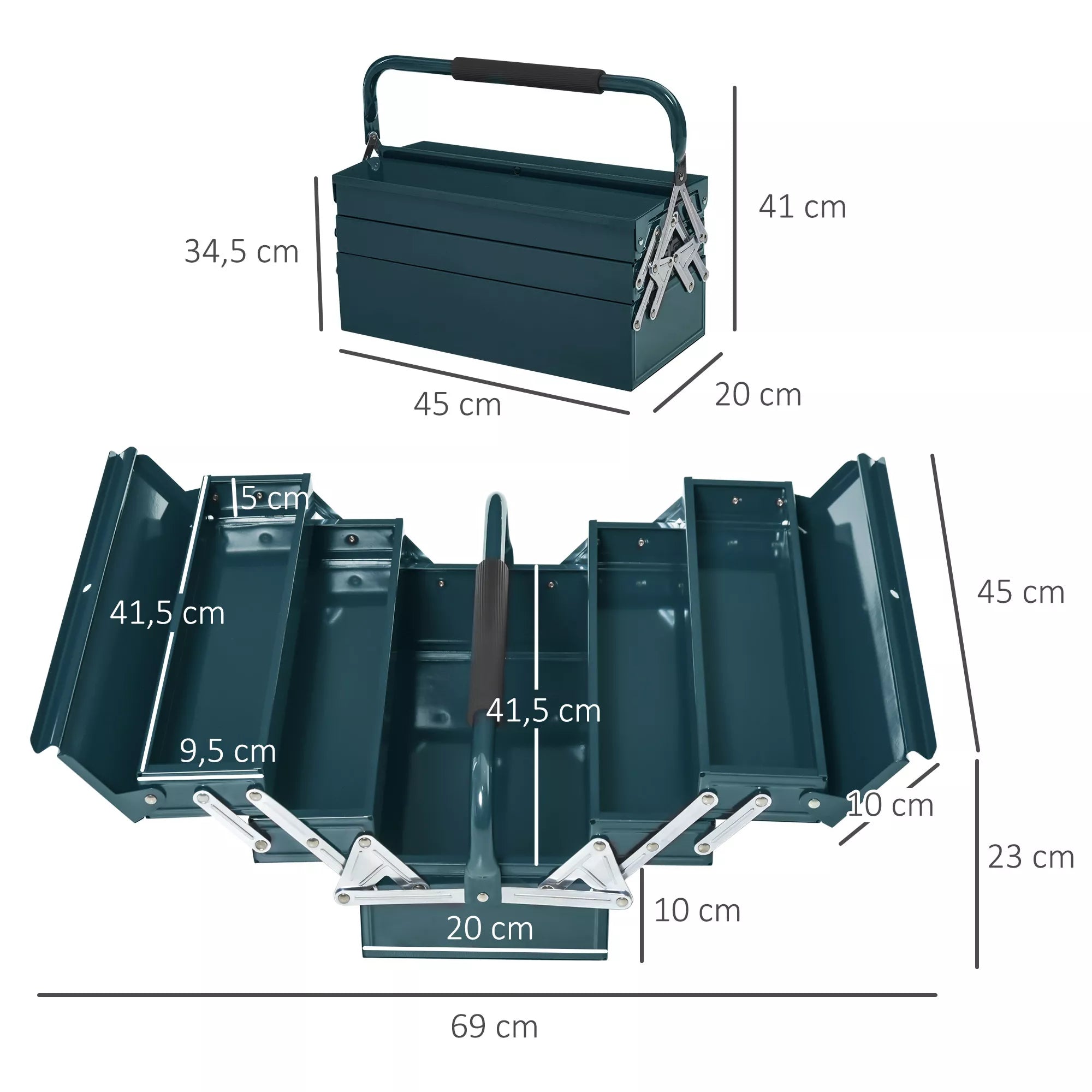 Įrankių dėžės matmenų schema: 45 x 20 x 34,5 cm, atidaryti 5 skyriai