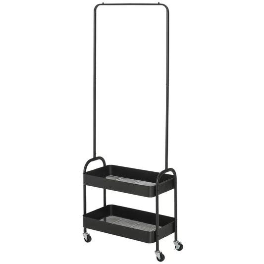 Metalinė drabužių kabykla su batų lentyna, ant ratukų, pastatoma, juoda