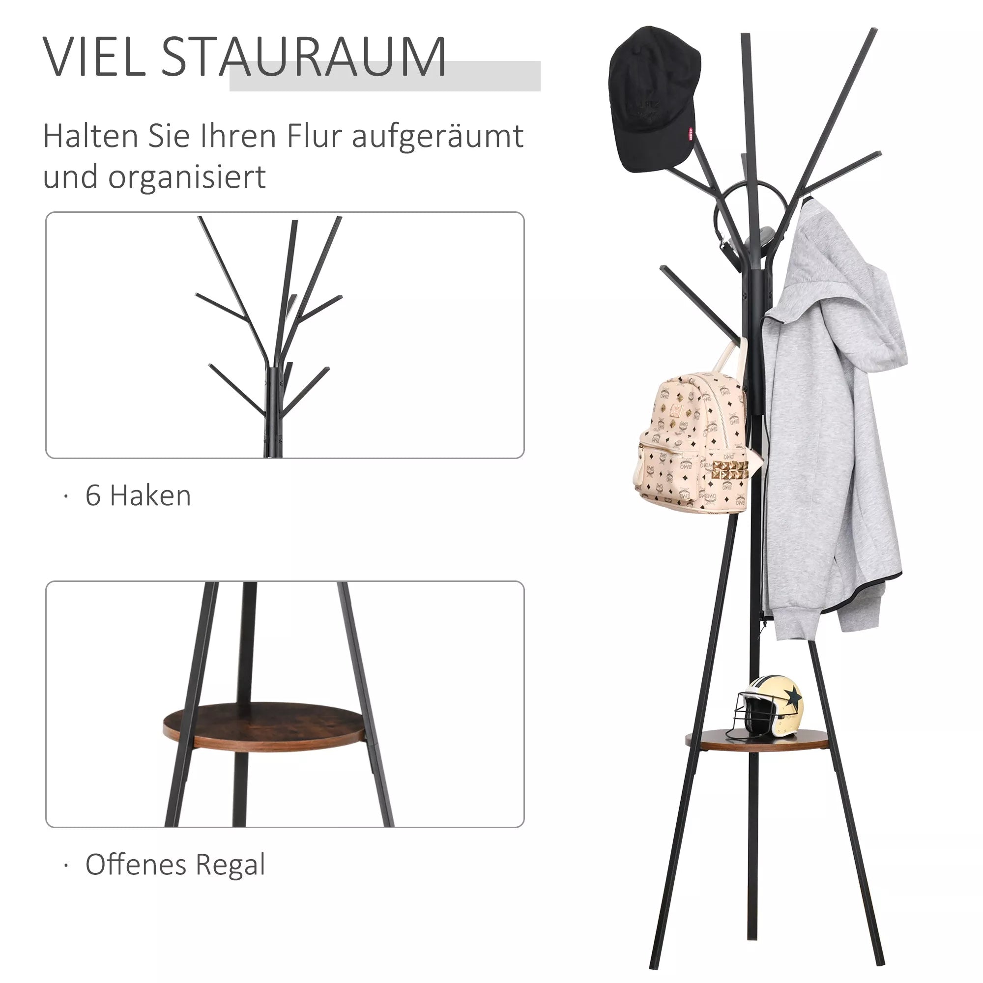 Drabužių kabykla skandinaviško dizaino, rūbų stovas, 7 kabliukai, juoda + ruda
