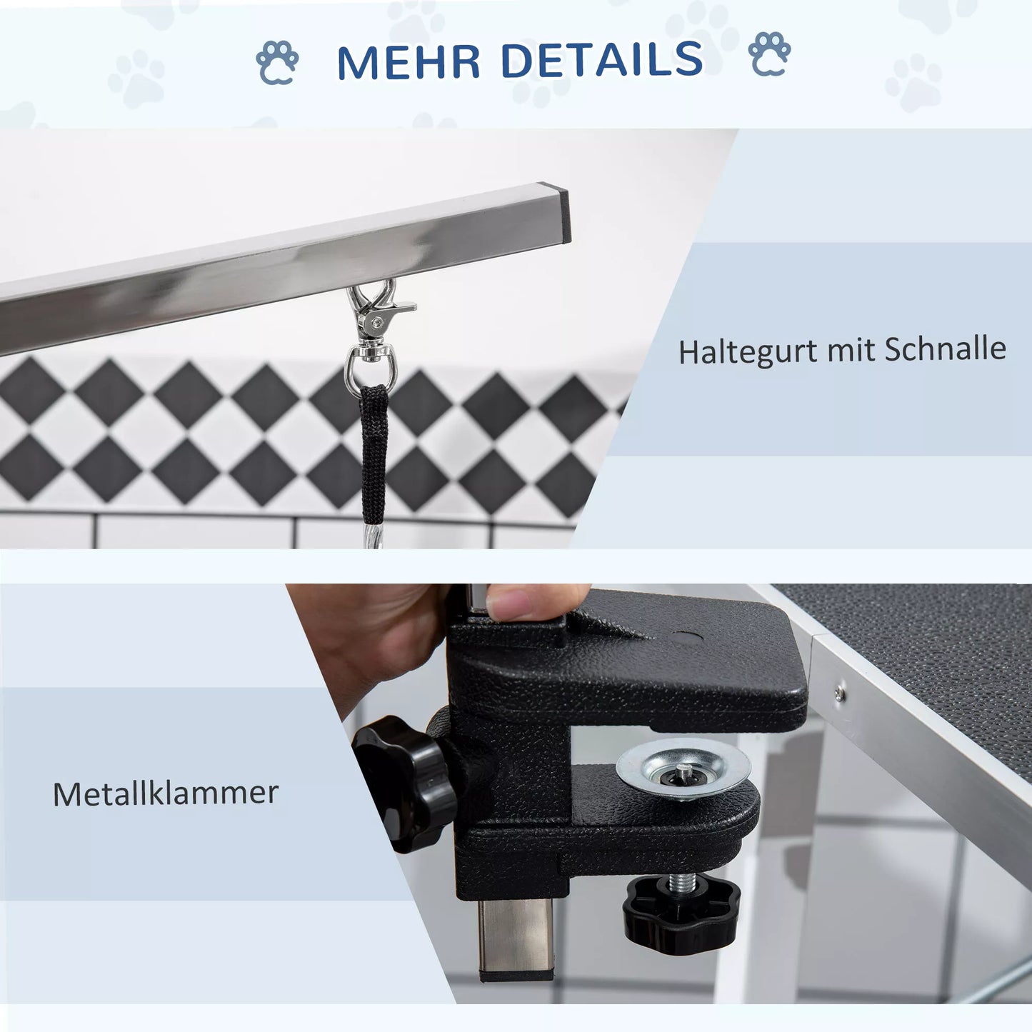 Reguliuojamo aukščio juodas gyvūnų priežiūros stalas šunims su diržais, skirtas namų voniai, džiovinimui ir kirpimui