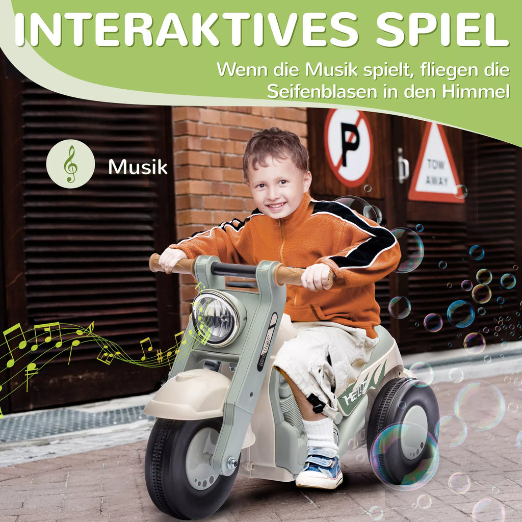 Riedantis automobilis, motociklo dizainas, muzika ir muilo burbulai, skirtas 2–5 metų vaikams, kreminės baltos spalvos
