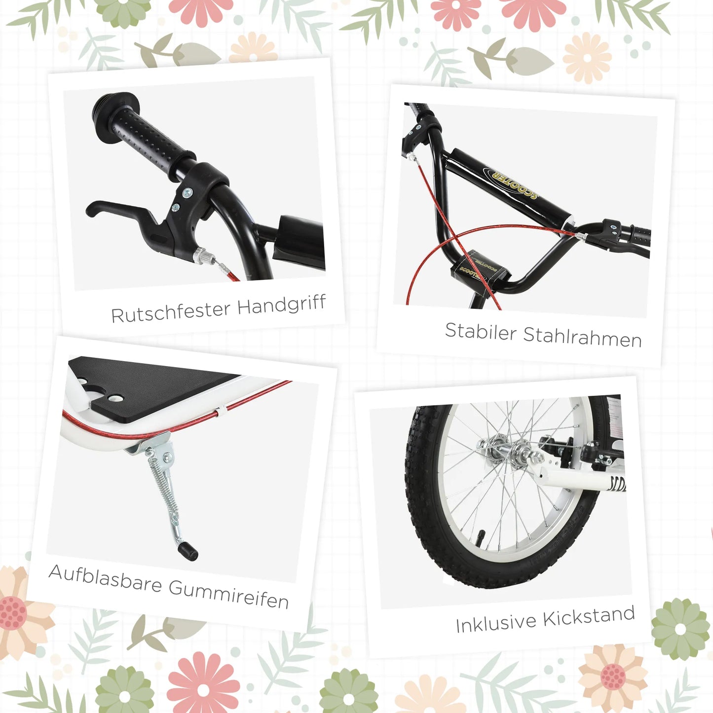 Vaikų paspirtukas su pripučiamomis padangomis ir rankiniu stabdžiu, miesto paspirtukas, sulankstomas, atsparus vandeniui, nuo 5 metų, 16 colių, baltas, 139 x 58 x 90-96 cm