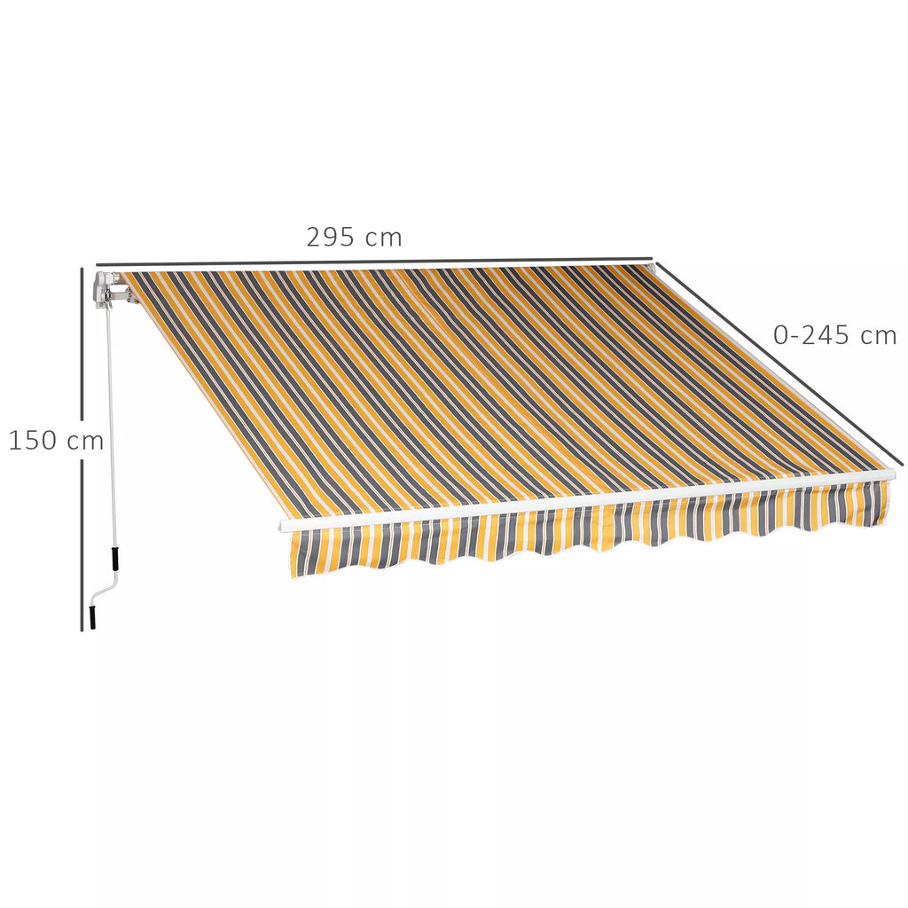Schema su markizės matmenimis: 295 × 245 cm, iškyša 150 cm