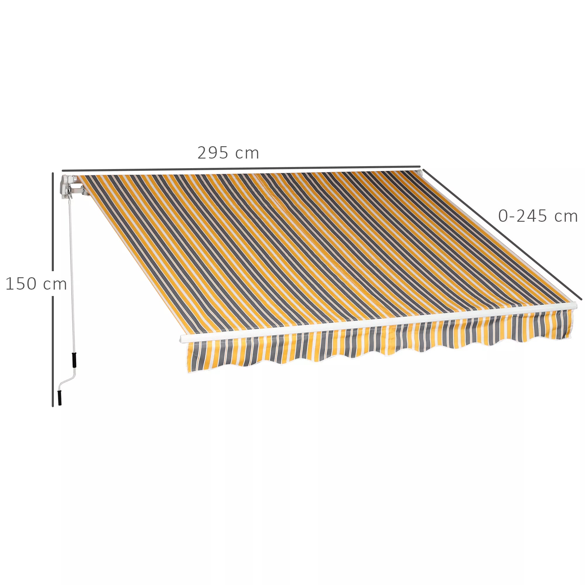 Schema su markizės matmenimis: 295 × 245 cm, iškyša 150 cm