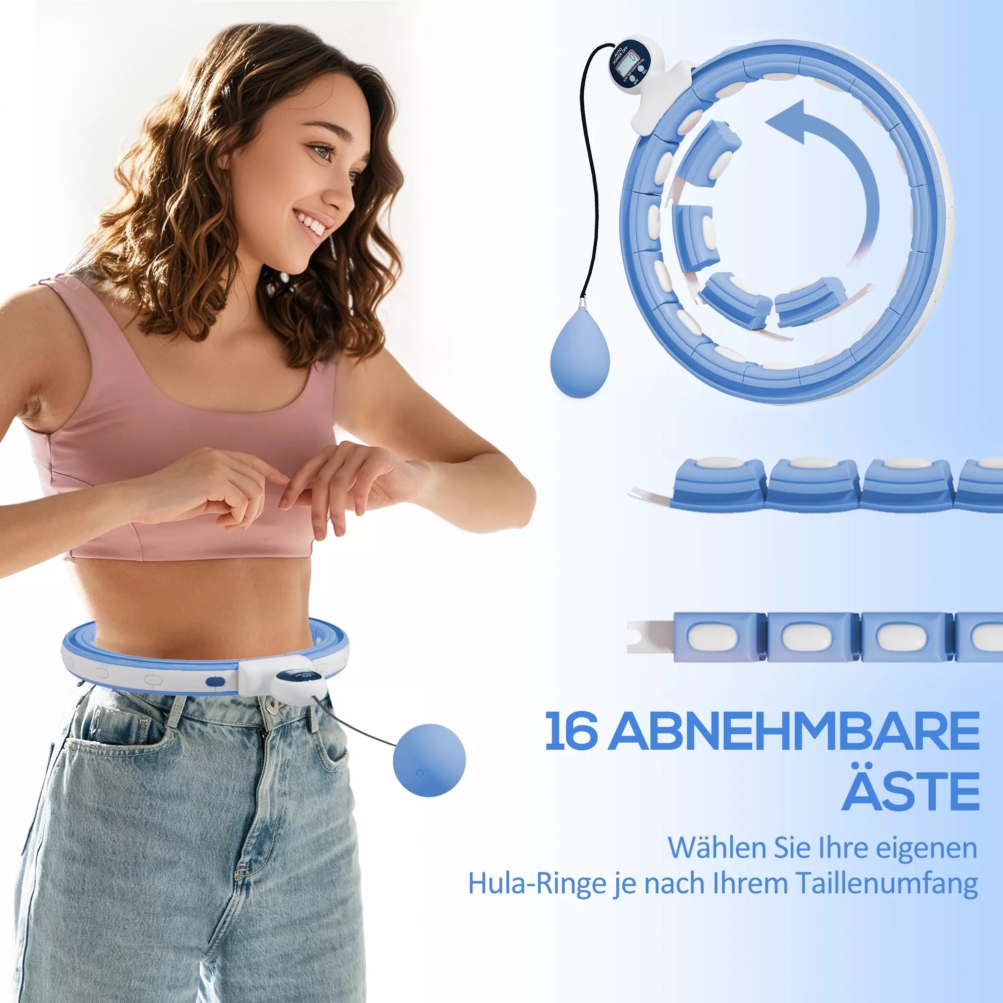 Išmanusis Hula Hoop lankas suaugusiems su svorio kamuoliuku, skaitliuku, 16 segmentų (76-113cm), šviesiai mėlynas
