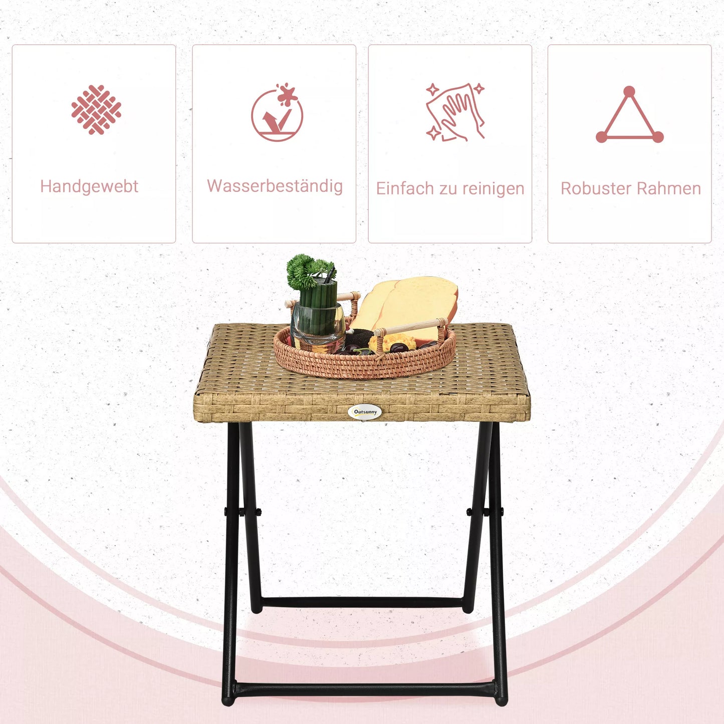 Polirataninis balkono staliukas, sulankstomas, plieninis rėmas, lengvai prižiūrimas, 40x40x40 cm, natūralus