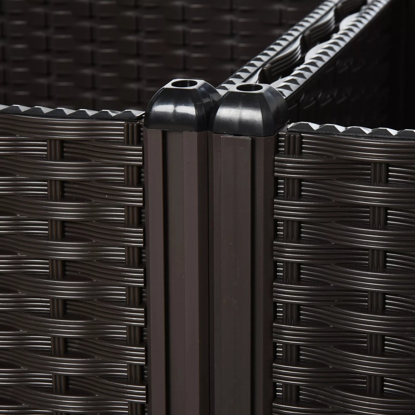 Pakeltas lysvės lovelis, augalų dėžė su drenažo skylutėmis, gėlių dėžė su rotango išvaizda, plastikas, ruda, 40 x 40 x 44 cm