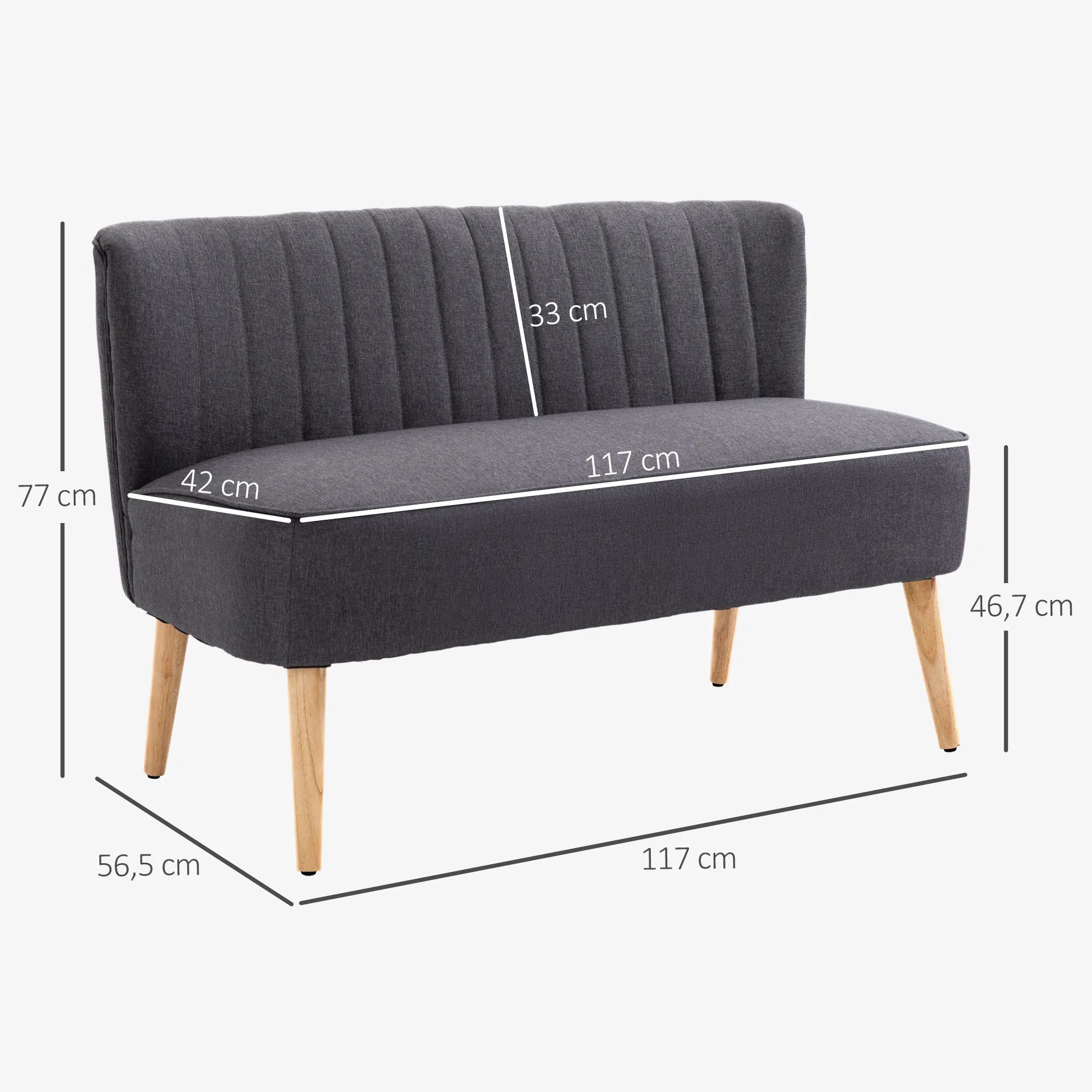 Dvivietė sofa, minkšta kušetė su lengvai prižiūrimu audiniu, tekstilė ir medis, 117x56,5x77 cm, tamsiai pilka