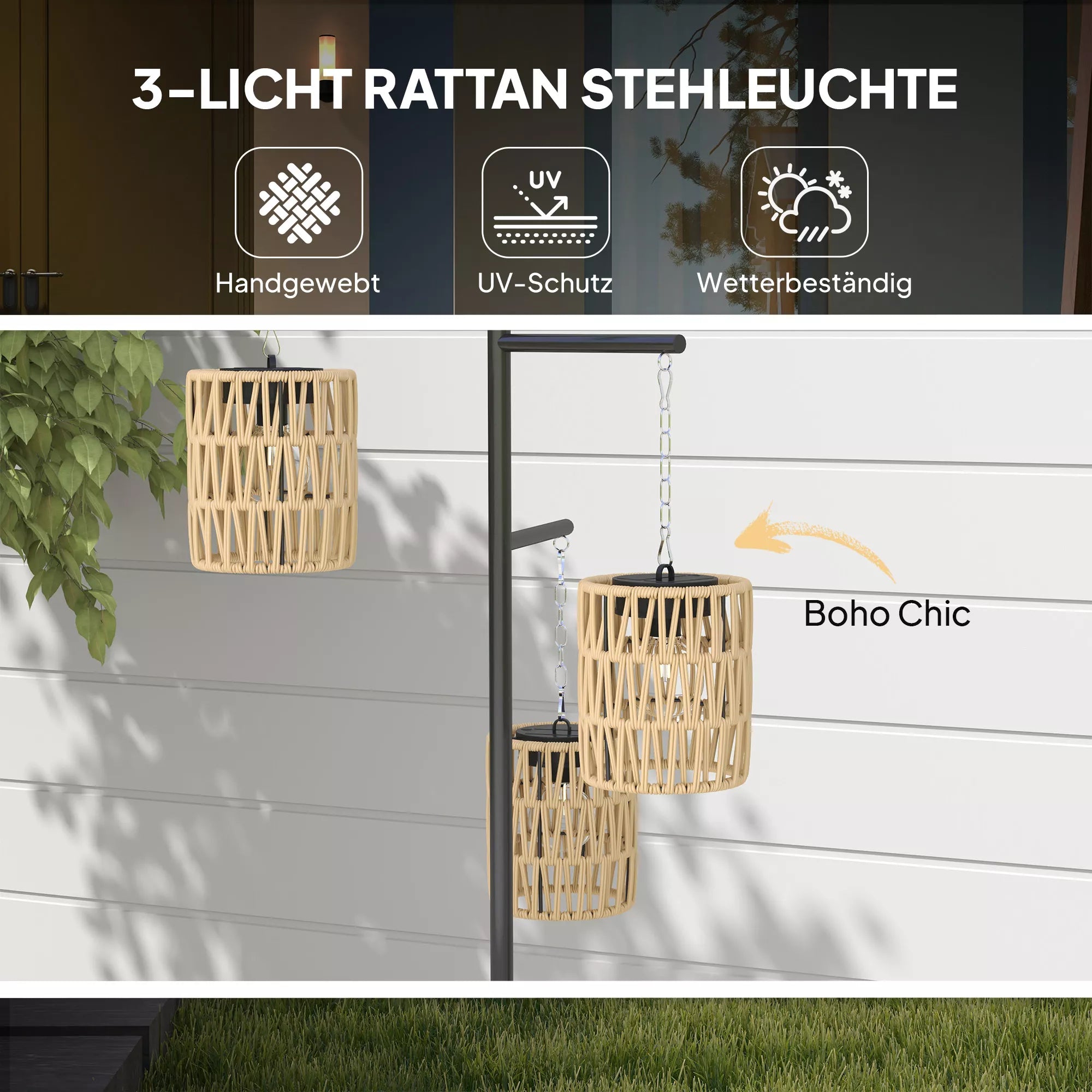 Saulės stovas Rattan saulės lempos su šviesos jutikliu 3 šviesos Automatinis boho stiliaus IP44 Apsaugotas nuo purslų