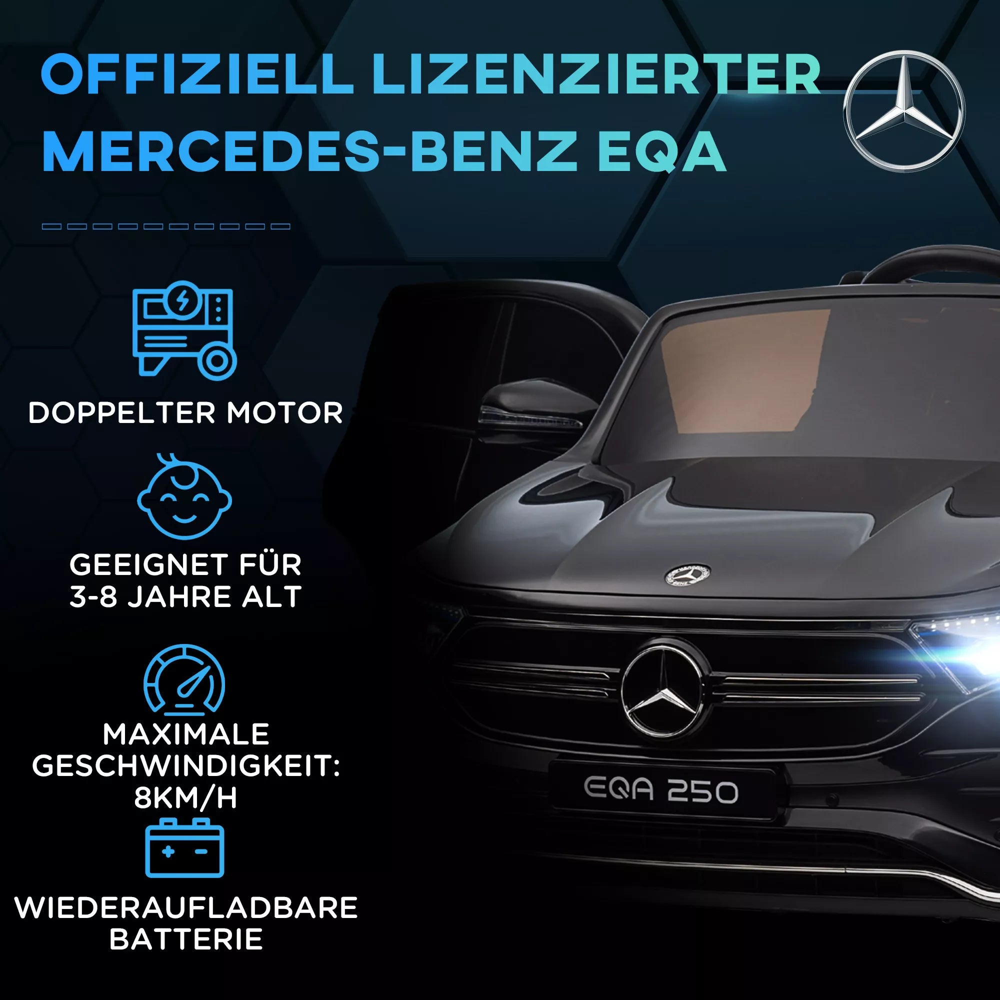 Elektrinis vaikų automobilis, licencijuotas „Mercedes-Benz EQA“, 3–8 km/h, muzika, žibintai, signalas, nuotolinis valdymas, juodos spalvos