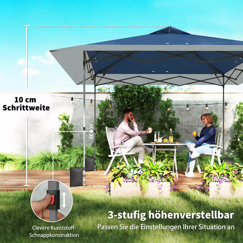 Paviljonas, maždaug 4x4 m, atsparus vandeniui, stabilus, atsparus žiemai, išskleidžiamas, su vieno žingsnio uždarymo funkcija, UV 50+