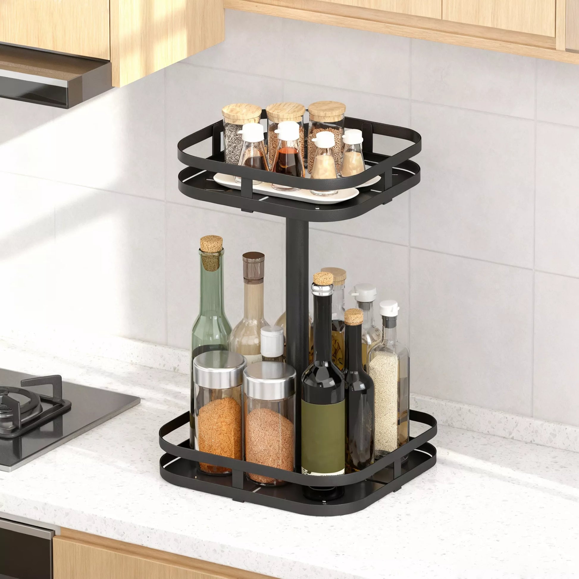 Pasukamas prieskonių stovas, 2 pakopų dizainas, siurbtuvės, metalas, juodas