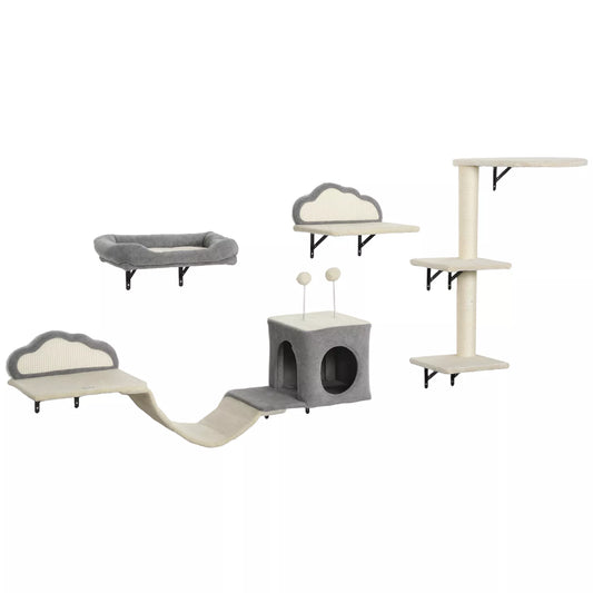 Sieninis katės draskyklių komplektas, su sizaliniais draskymo paviršiais, 4 dalys, 1-3 katėms, smėlio spalvos