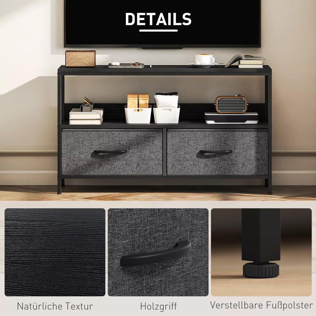 TV staliukas su 2 stalčiais, atviru skyriumi, televizoriams iki 47 colių, 98 x 29 x 56 cm, juoda+tamsiai pilka