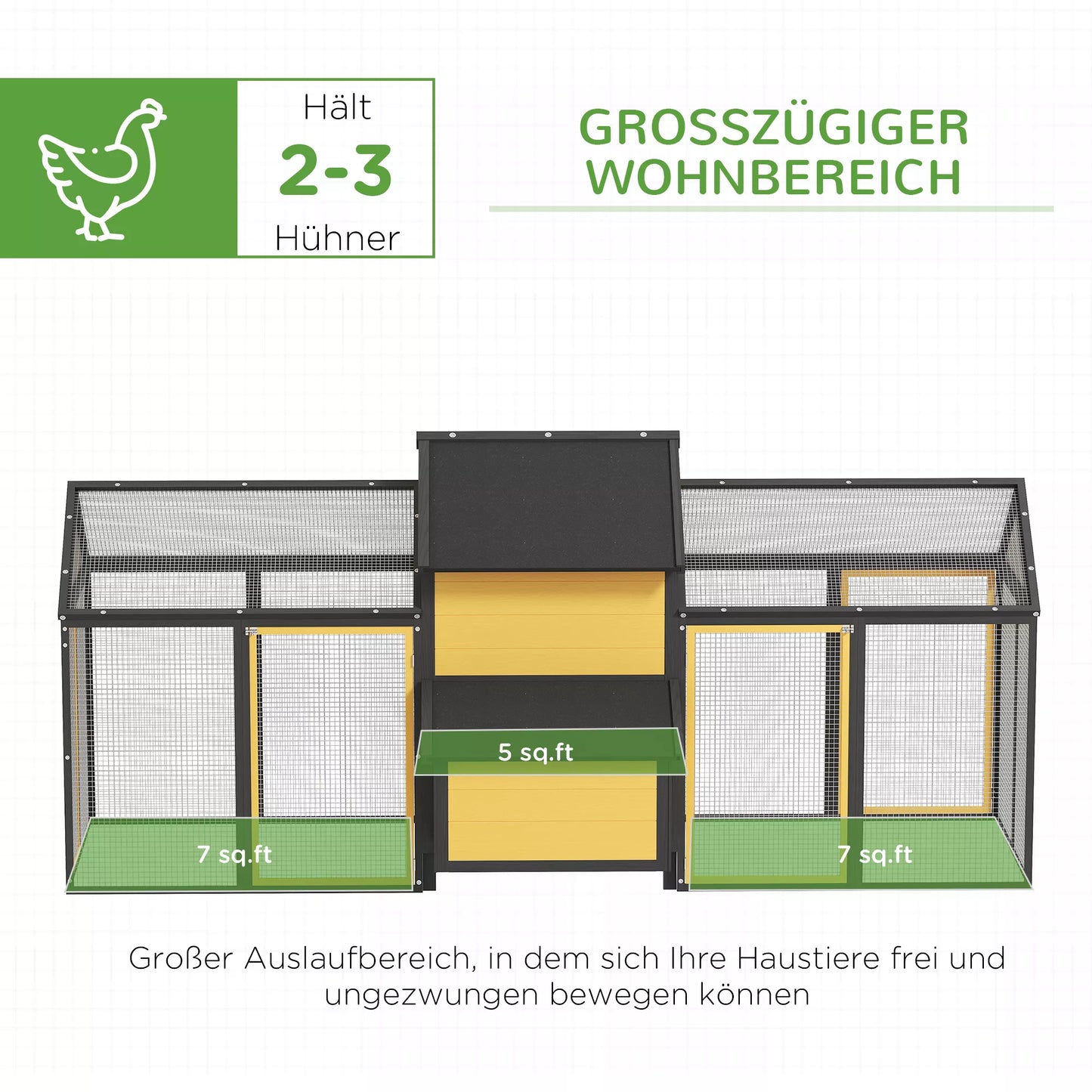 Vištidė smulkių gyvūnų aptvaras, 2 lauko aptvarai, 1 lizdavietė, 2 rampos, asfaltinis stogas, atsparus oro sąlygoms, geltonos spalvos