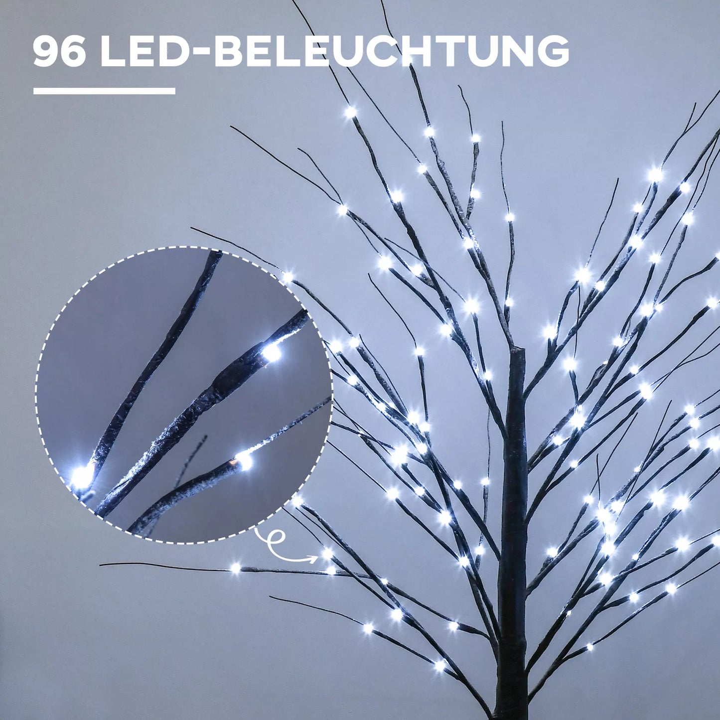 Dirbtinis beržas su LED apšvietimu, 96 šiltai baltos spalvos mikroskadinės LED lemputės, 150 cm, rudas