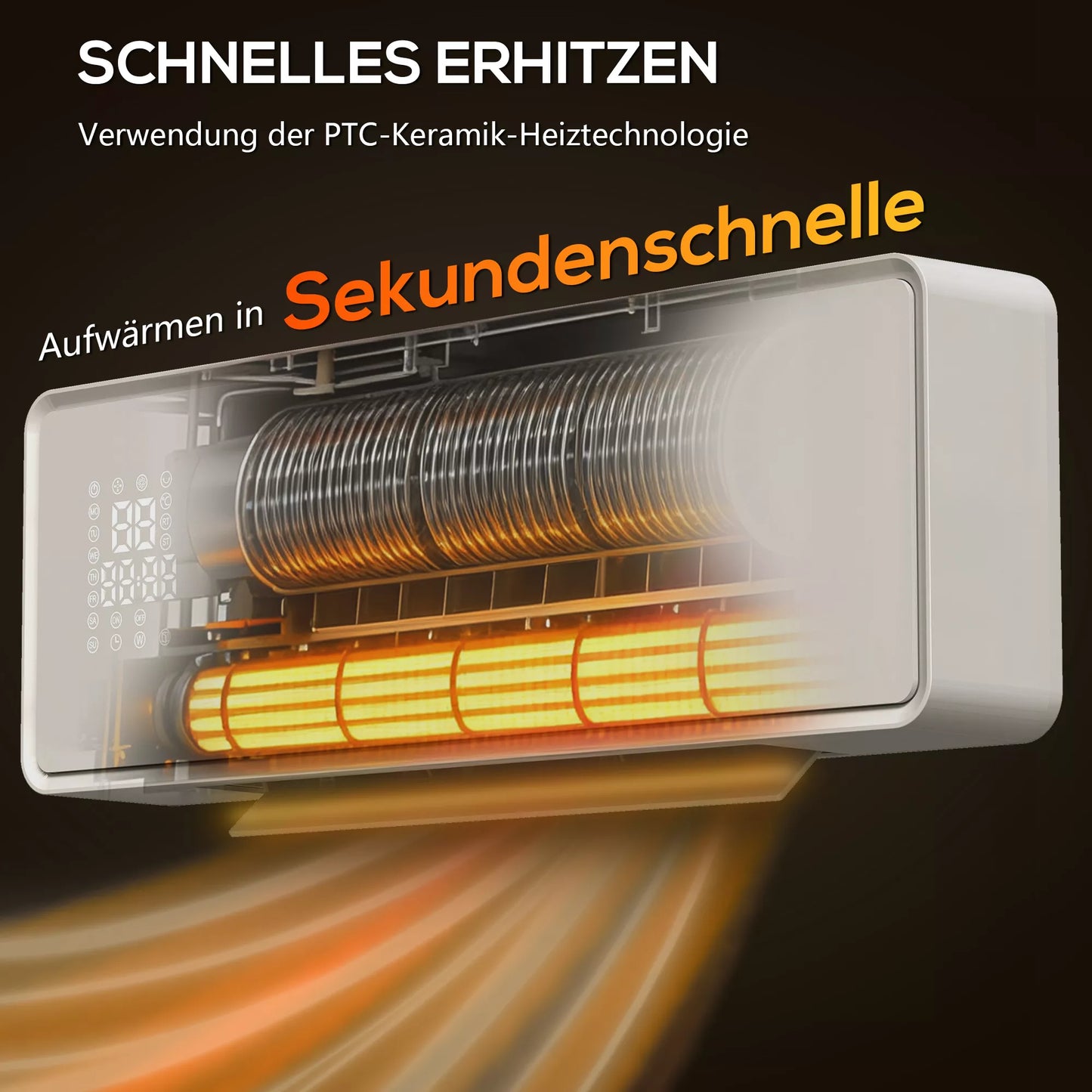 Sieninis 2000W keraminis elektrinis šildytuvas su ventiliatoriumi, termostatu, laikmačiu, nuotolinio valdymo pultu, stiklo skydeliu, baltas