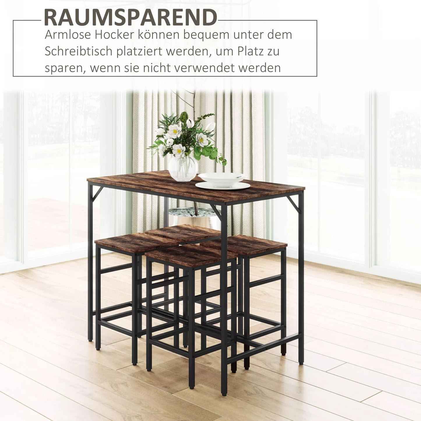 5 dalių baro stalo komplektas, baro stalas su 4 baro kėdžių komplektu, valgomojo stalas su 4 kėdėmis, virtuvės stalas valgomajam, virtuvei, rustikalus rudas+juodas