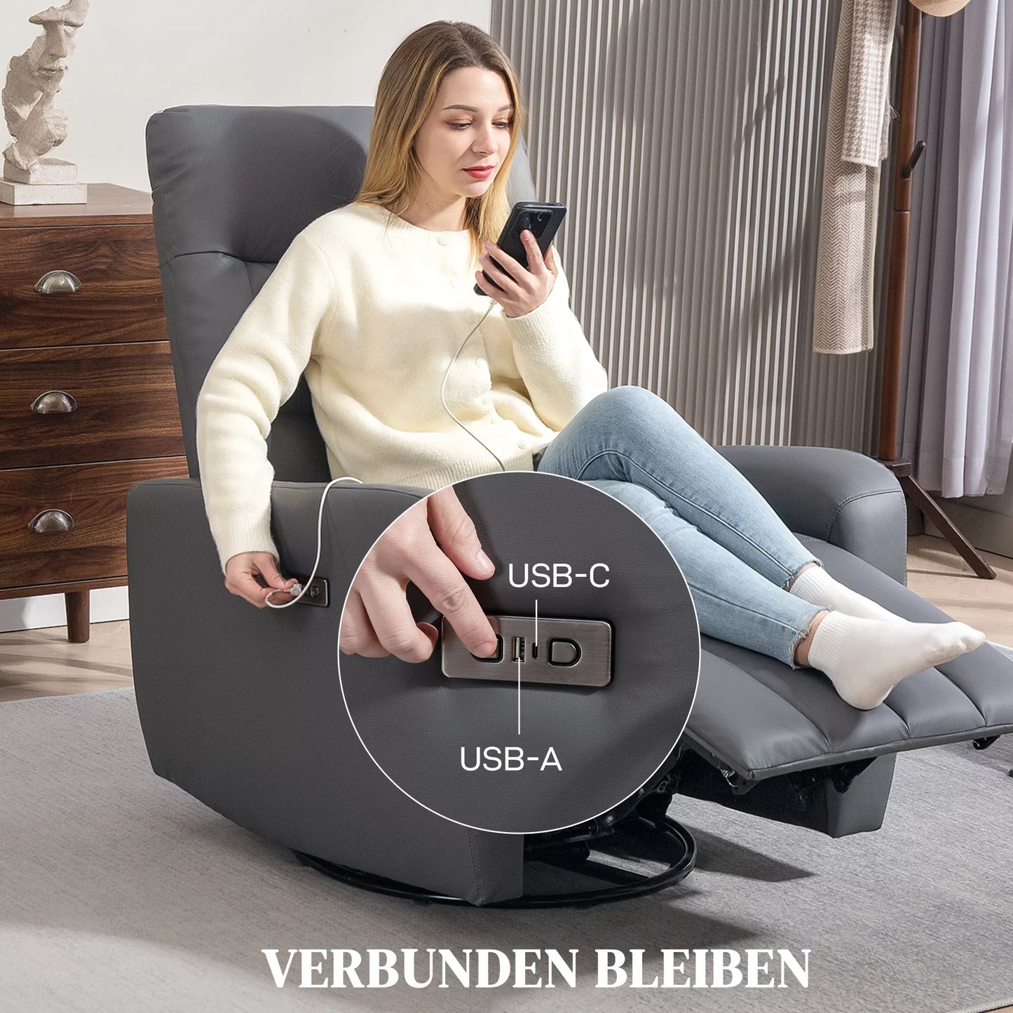 Poilsio krėslas, minkštas krėslas su gulėjimo funkcija, nuotolinio valdymo pultelis, USB jungtis, pilkas