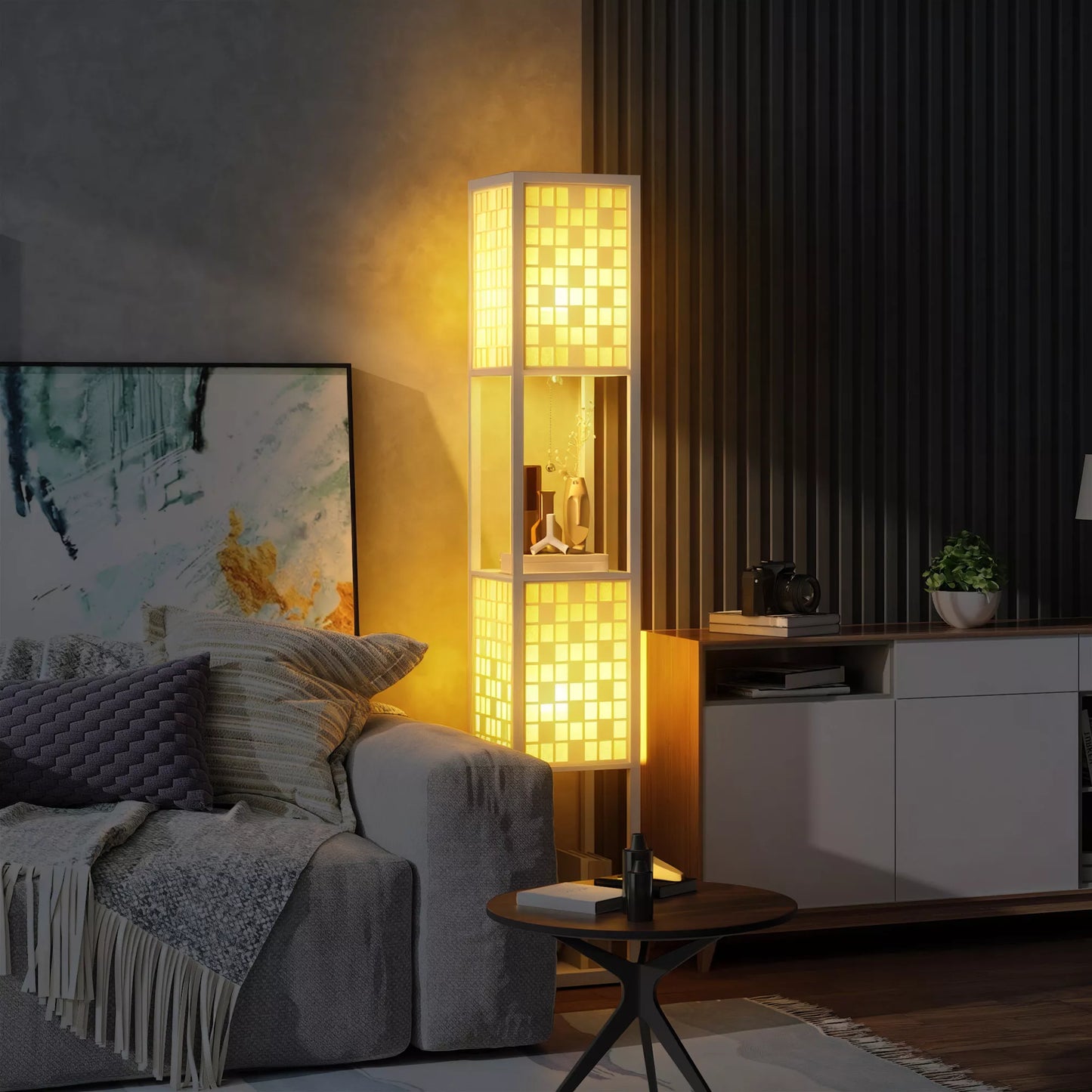 Stovas, grotelės, 2 lygmenų lentynos, skirtas įvairioms lemputėms, baltas