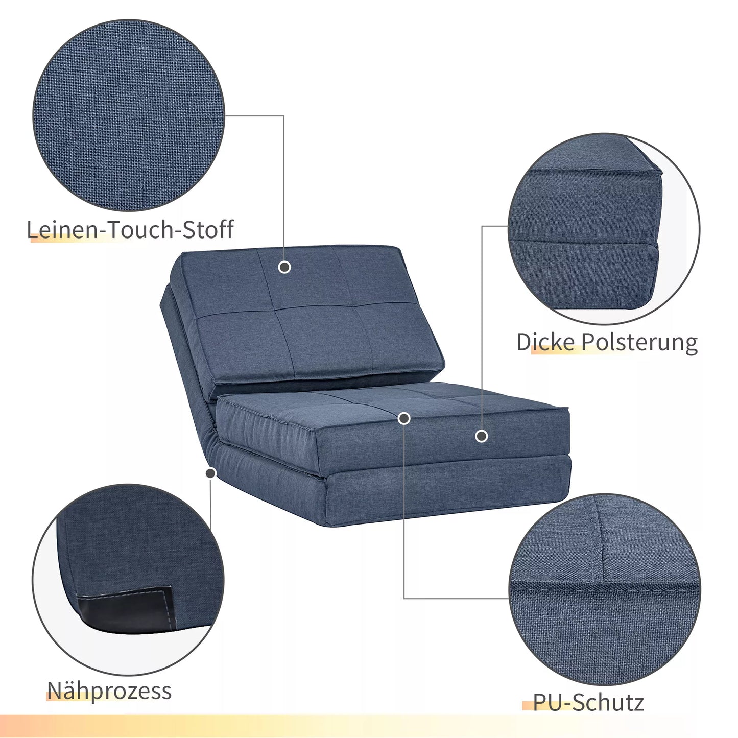 Sulankstoma ant grindų sofa, miegamoji kėdė, kėdė ant grindų, 5 padėčių reguliuojama, sulankstoma kėdė, miegamoji sofa, sofa-lova, vienvietė sofa, mėlyna 61 x 73 x 58 cm