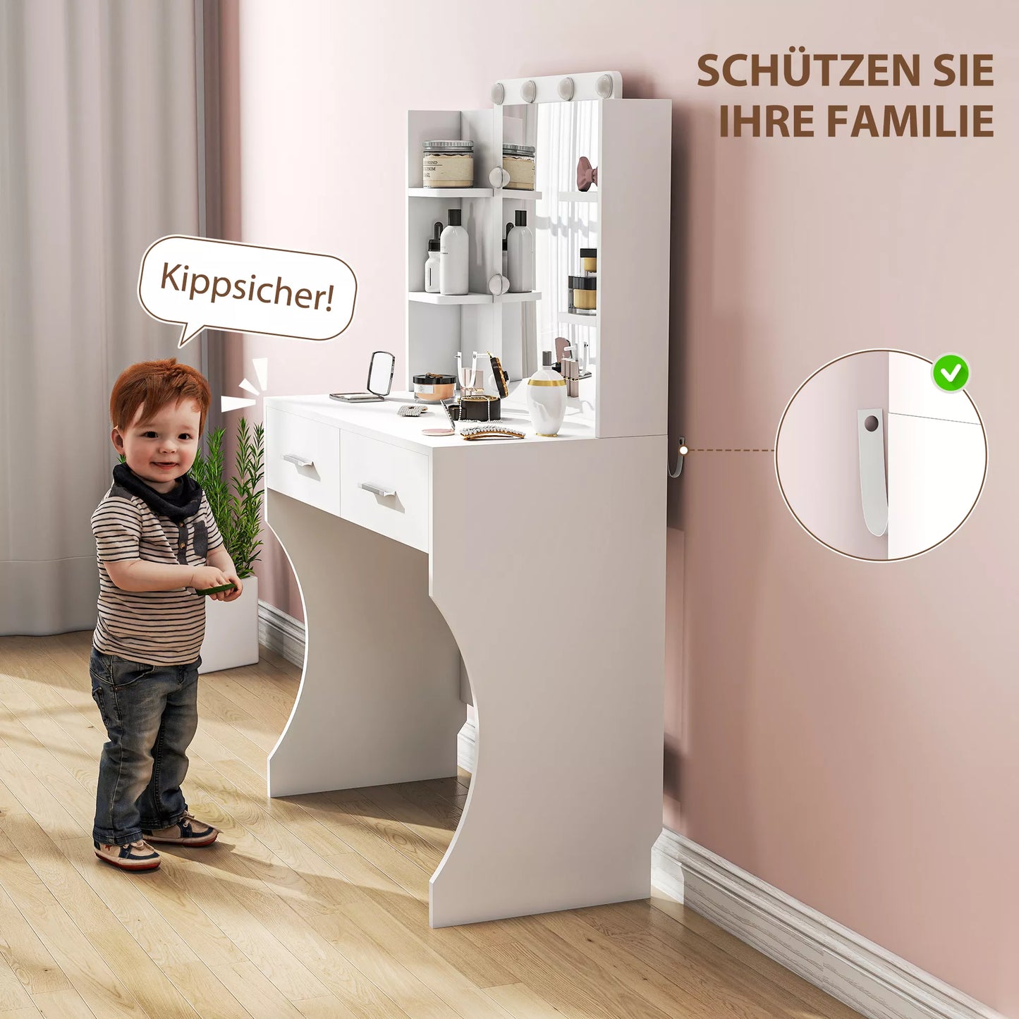 Kosmetinis staliukas su veidrodžiu ir pritemdomomis LED lemputėmis, stalčiais, lentynomis, balta