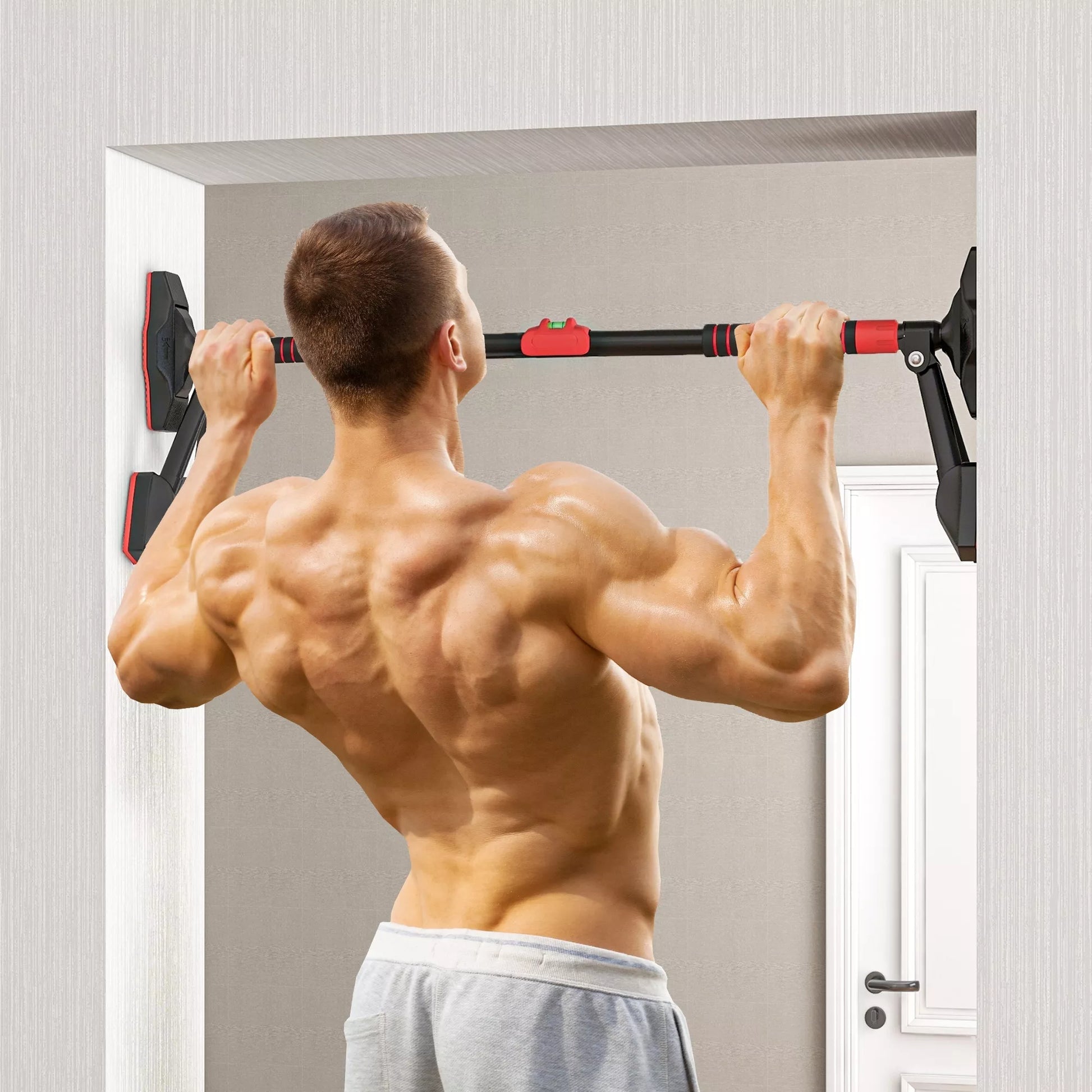 Reguliuojamas prisitraukimo strypas 80-110cm, su gulsčiuku, 6 taškų atrama, metalinis, juoda/raudona