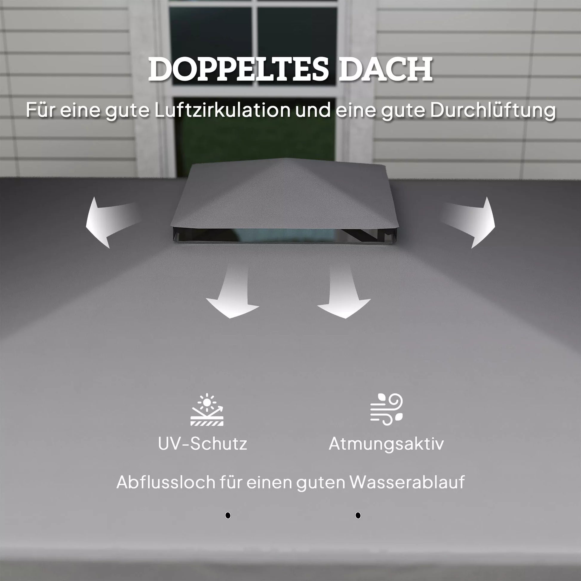 Paviljonas, maždaug 3x3 m, atsparus vandeniui, tvirtas, atsparus žiemai, su dvigubu stogu, užtrauktukais užsegamais moskitų tinklais.