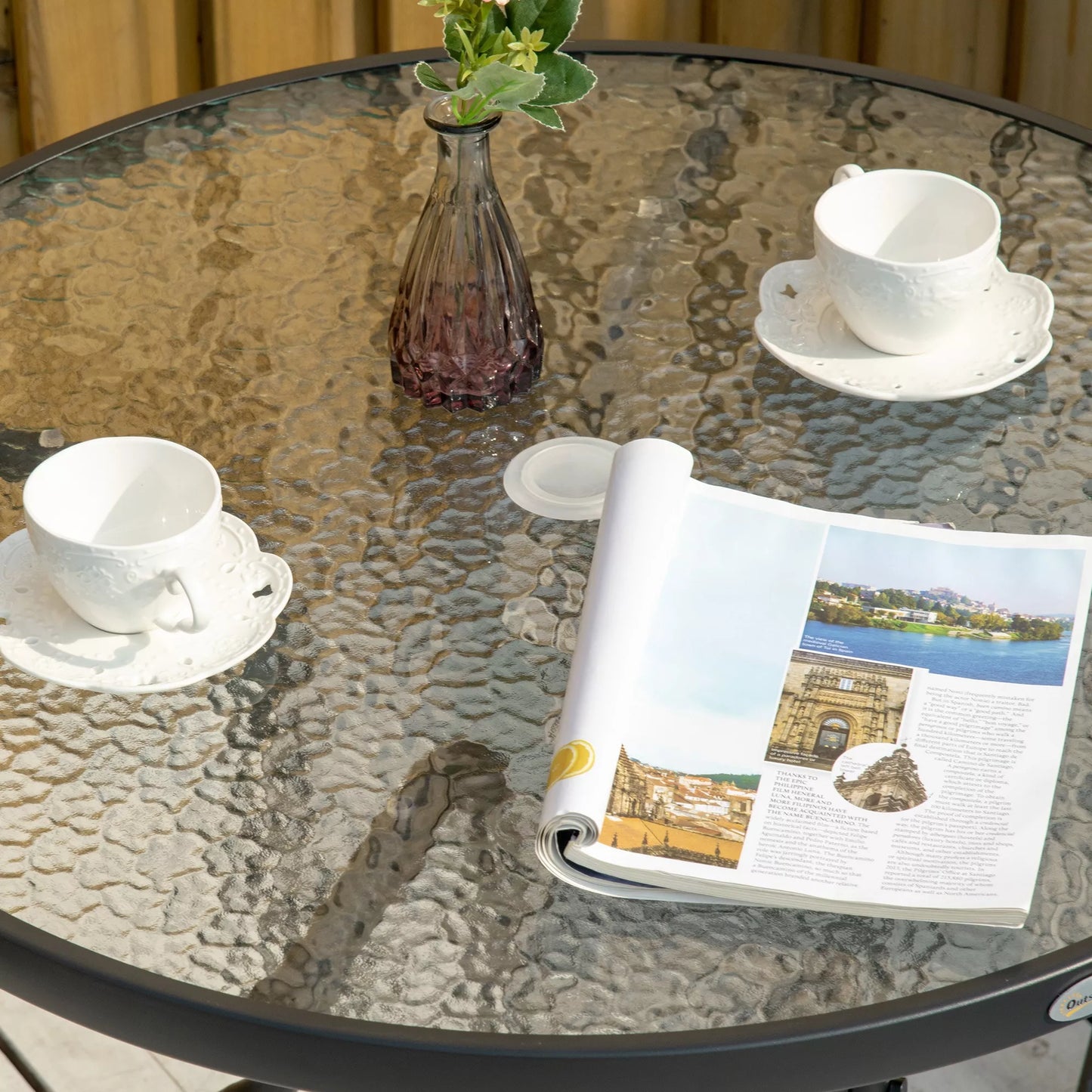 Sodo stalas Sodo pagalbinis stalas Sodo baldai Balkono stalas Bistro stalas su skėčio skyle Kietas stiklas + metalas Juodas Ø80 x 72 cm