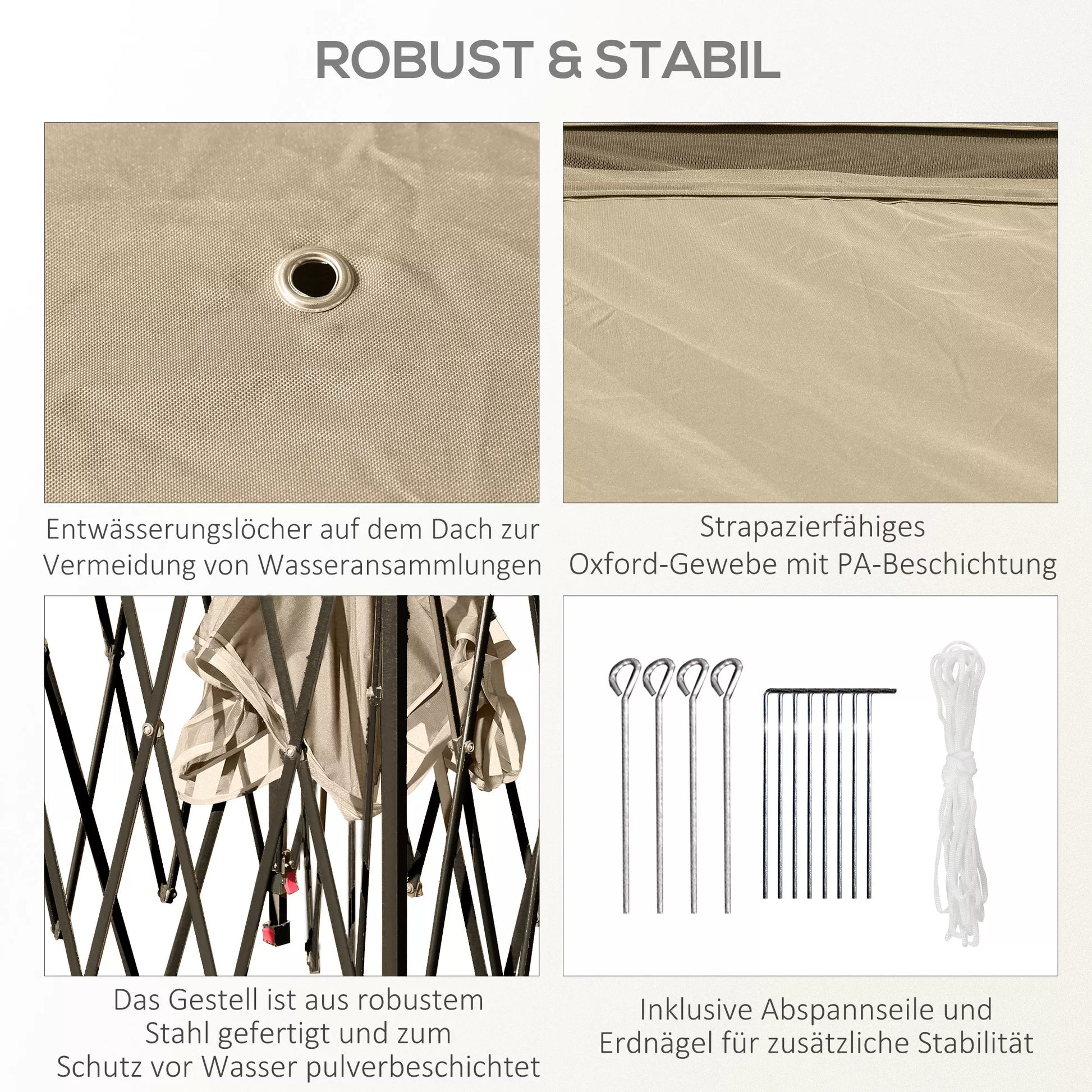 Suliamas paviljonas, sodo paviljonas, metalas ir audinio danga, tinklelio užuolaidos, drenažo skylės, 330 ilg. x 330 plo. x 288 aukšt. cm, smėlio spalvos