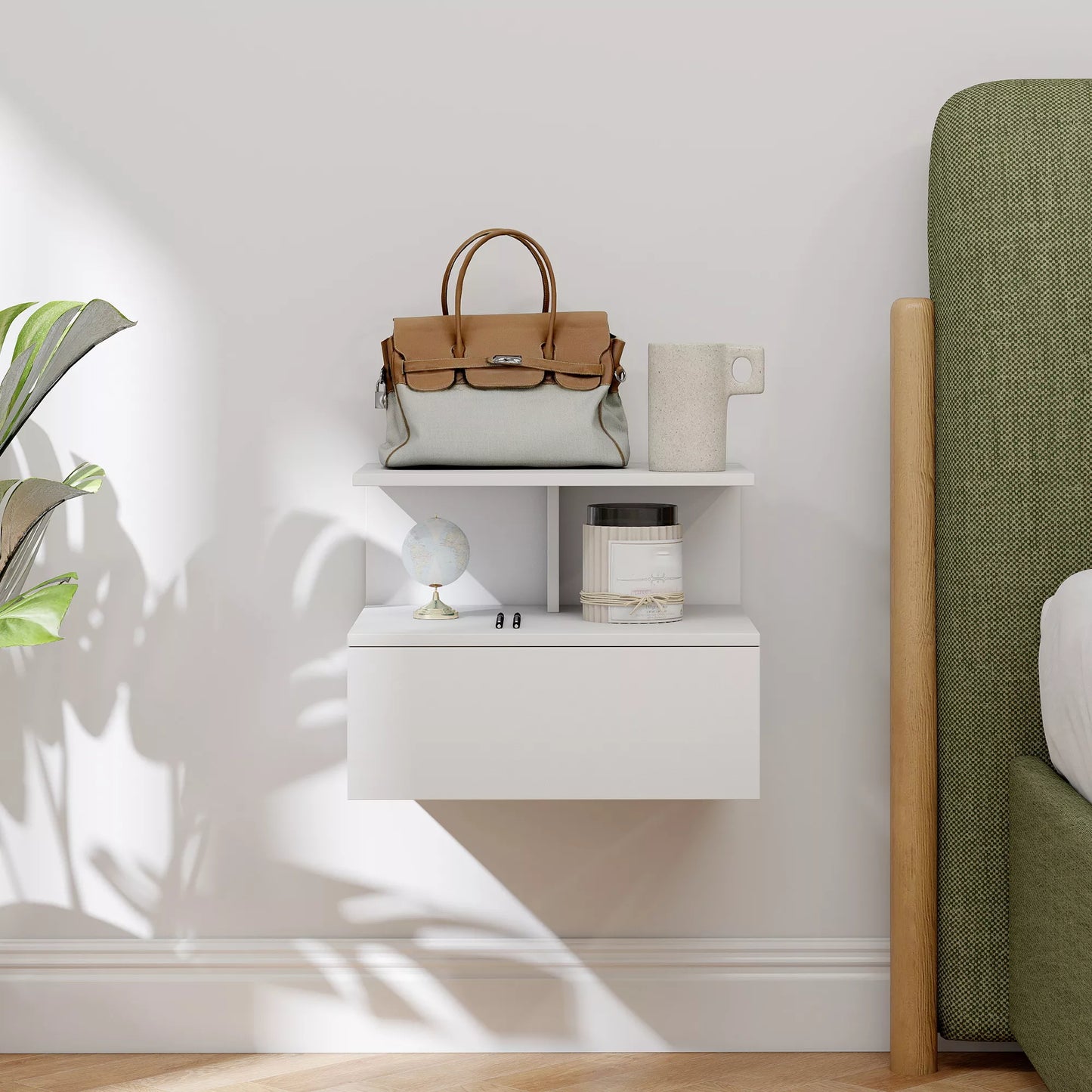 Pakabinamas naktinis staliukas, pagalbinis staliukas su stalčiumi, atvira niša, baltos spalvos, 39,8 x 35 x 31,6 cm