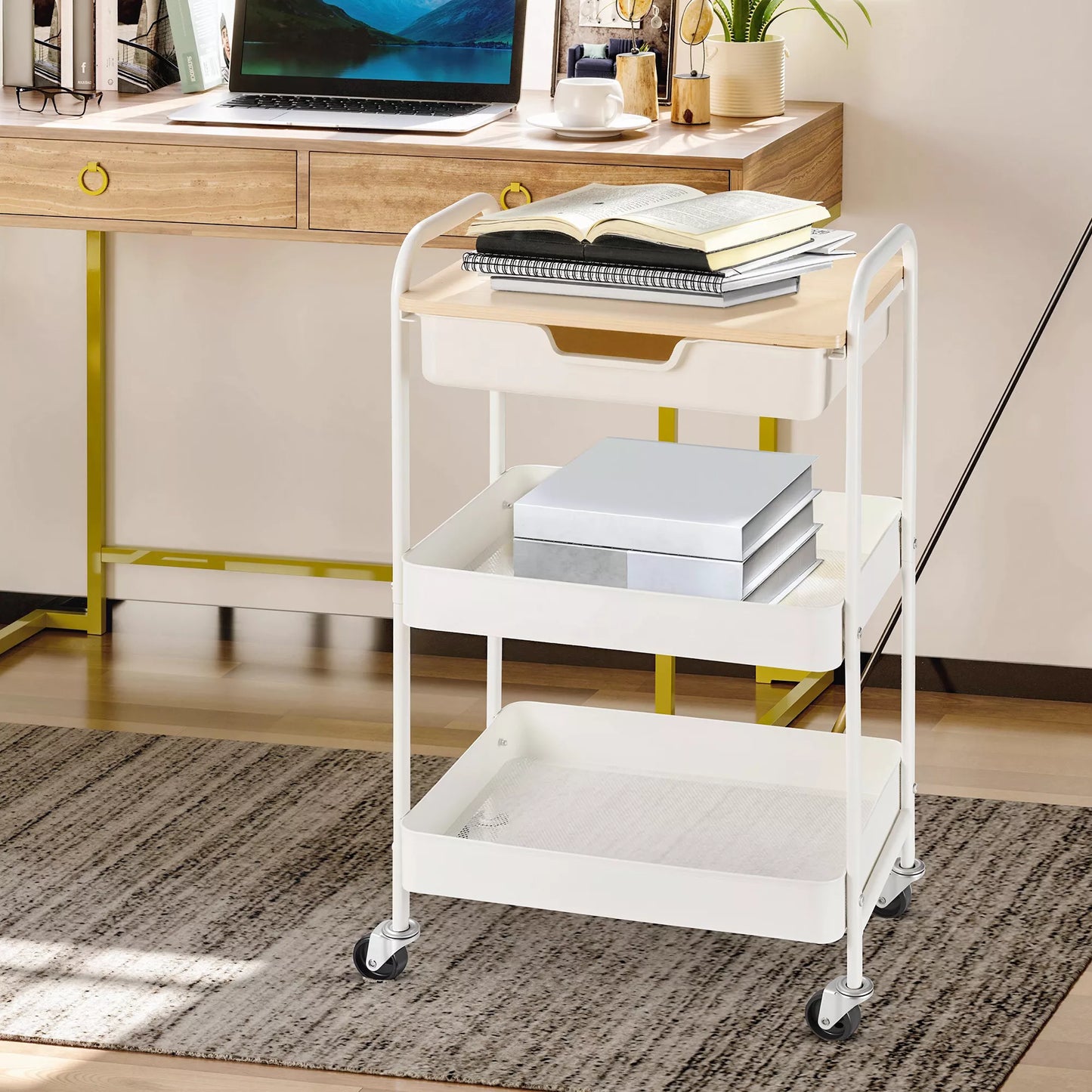 Virtuvės vežimėlis ant ratukų, 2 lentynos, stalčius, padėklas, 4 ratukai, rankenos, plienas, balta