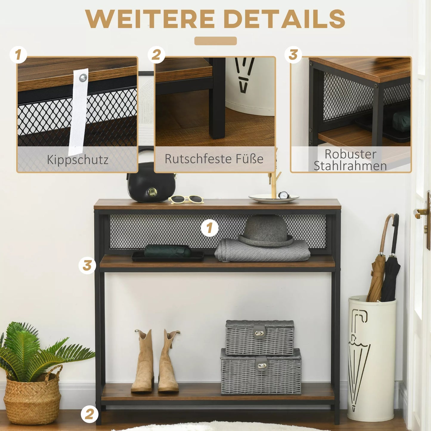 Sideboardas Konsolinis staliukas Prieškambario lentyna, Pramoninis dizainas, 100 cm x 29,5 cm x 90 cm, Ruda + Juoda