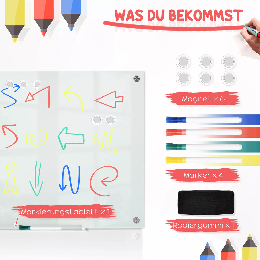 Stiklinė balta lenta, užrašų lenta, balta lenta,  4 rašikliai, 6 magnetai, 1 kempinė, 1 dėklas, balta