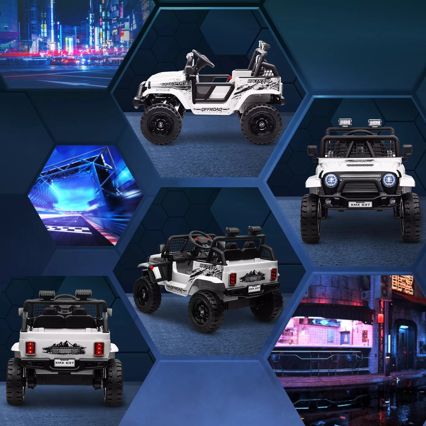 Vaikiškas elektrinis automobilis su švelnia pakaba, valdomas nuotoliniu būdu, LED žibintais, garso signalu, 12V varikliais, pagamintas iš plastiko ir metalo, baltos spalvos