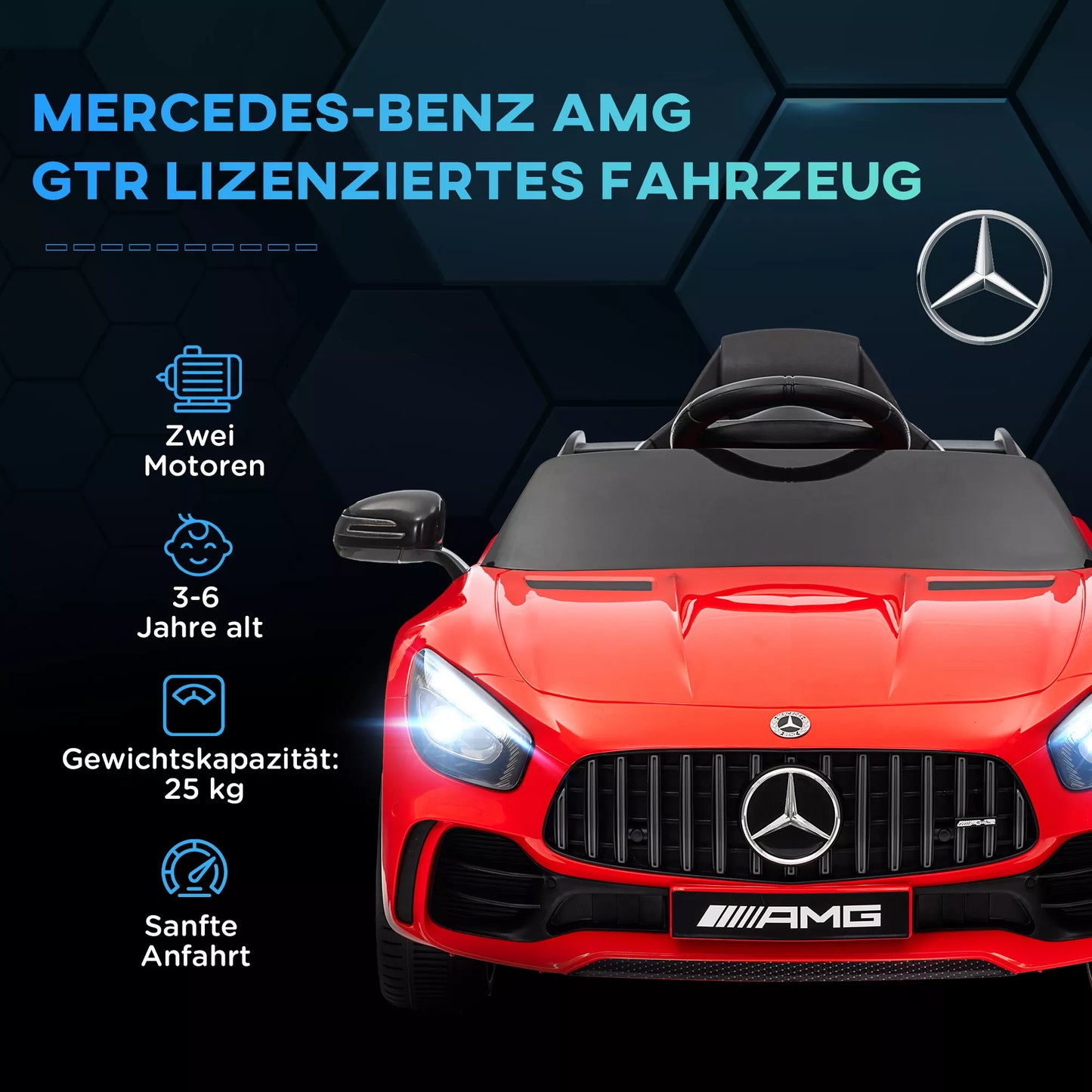 Vaikiškas elektrinis automobilis Mercedes, 3–5 km/h, su nuotolinio valdymo pulteliu, šviesos ir muzika, raudonas