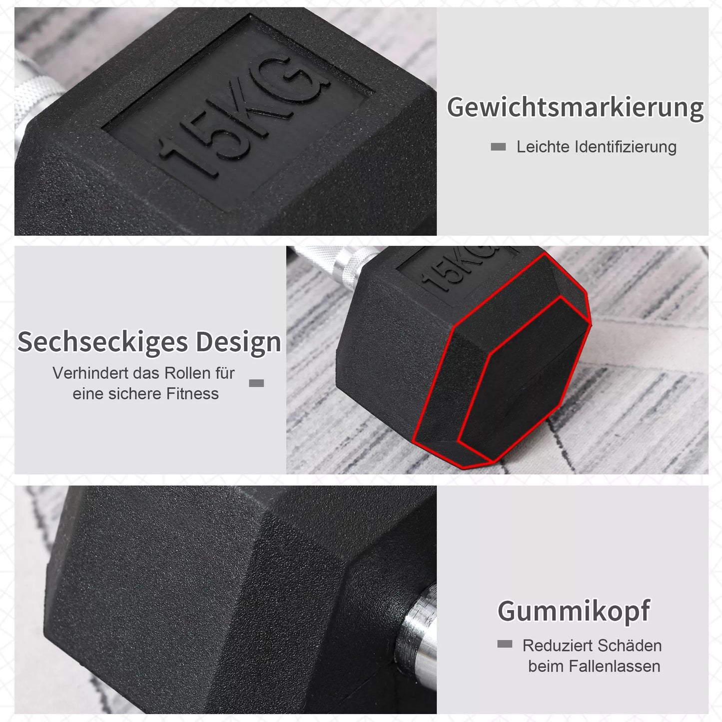 Svarmenys su rifliuota rankena, ketaus svarmuo, 1 x 15 kg, svarmenys vyrams ir moterims, hantelis namams, sporto salei, jėgos treniruotėms