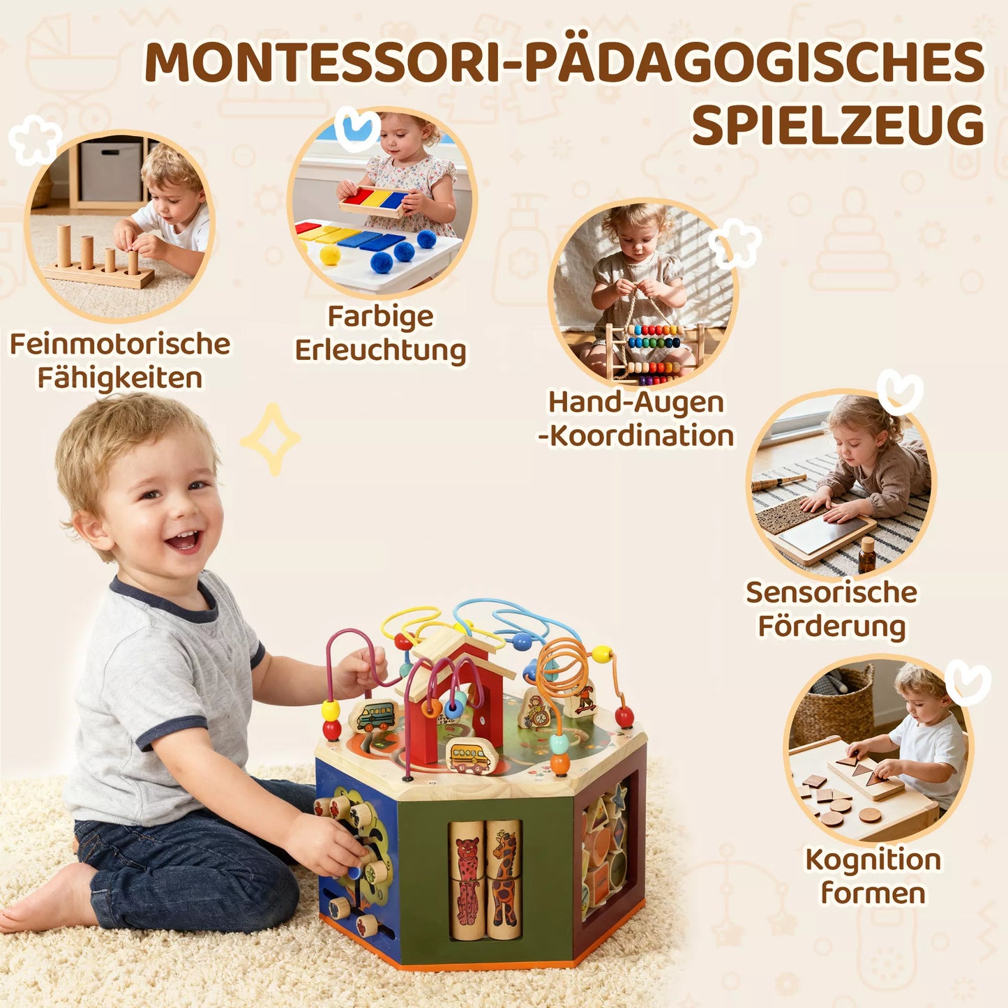 Motorikos kubas, 8-in-1 veiklos kubas su motorikos kilpa, karoliukų labirintu, 41,5 x 37,5 x 37,5 cm, įvairių spalvų