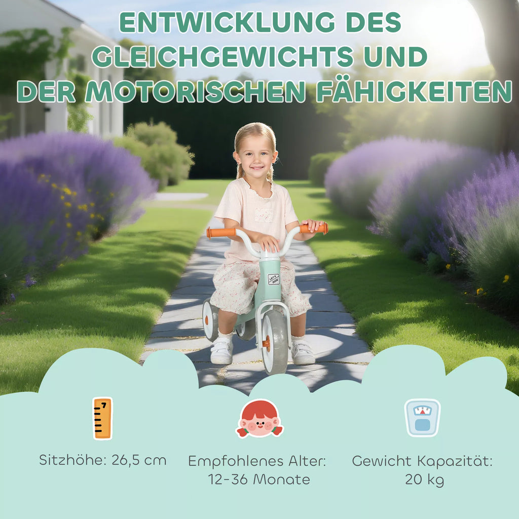 Vaikiškas balansinis dviratis be pedalų, 3 tylūs ratai, skirtas 12–36 mėnesių berniukams ir mergaitėms, naudoti patalpose ir lauke, žalios spalvos