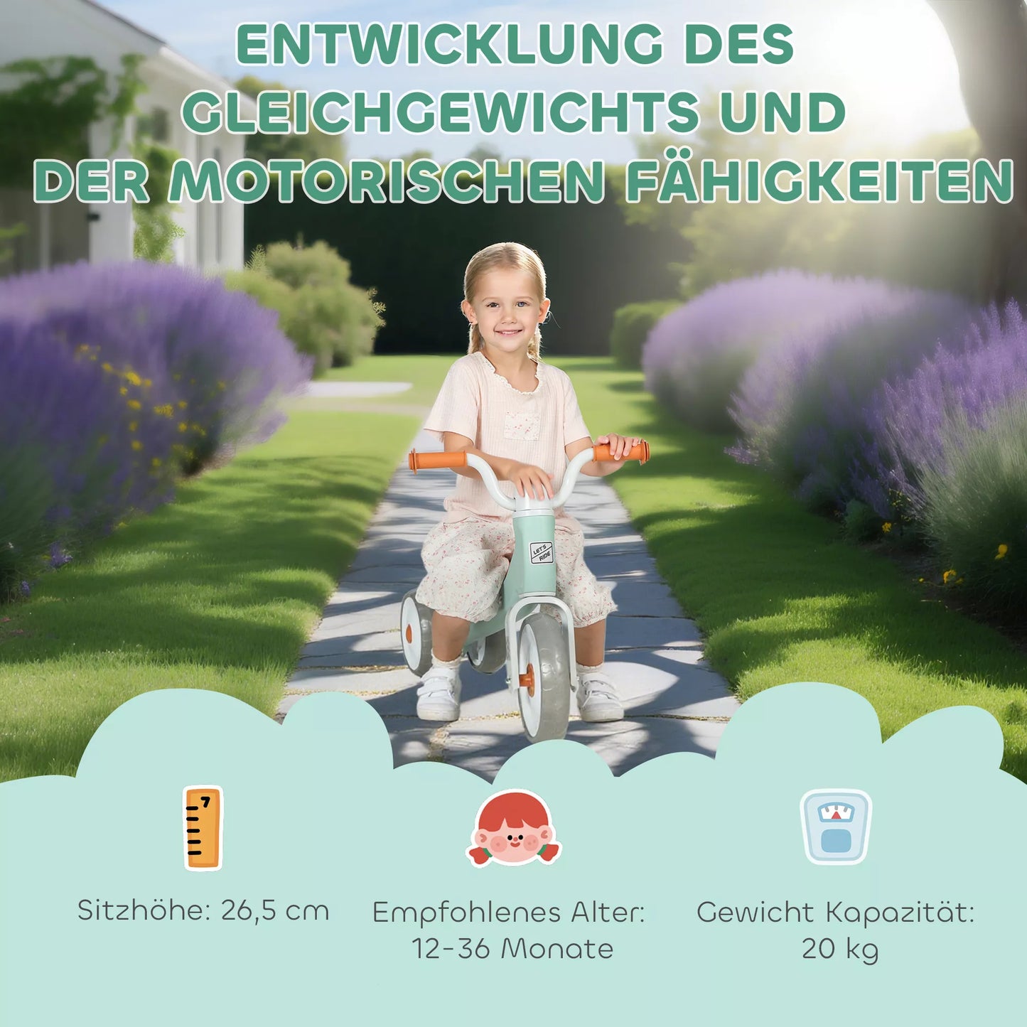 Vaikiškas balansinis dviratis be pedalų, 3 tylūs ratai, skirtas 12–36 mėnesių berniukams ir mergaitėms, naudoti patalpose ir lauke, žalios spalvos