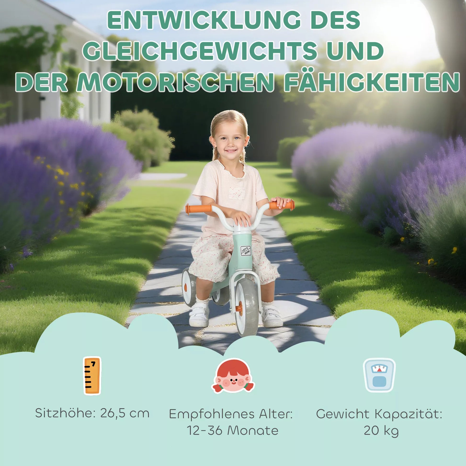 Vaikiškas balansinis dviratis be pedalų, 3 tylūs ratai, skirtas 12–36 mėnesių berniukams ir mergaitėms, naudoti patalpose ir lauke, žalios spalvos