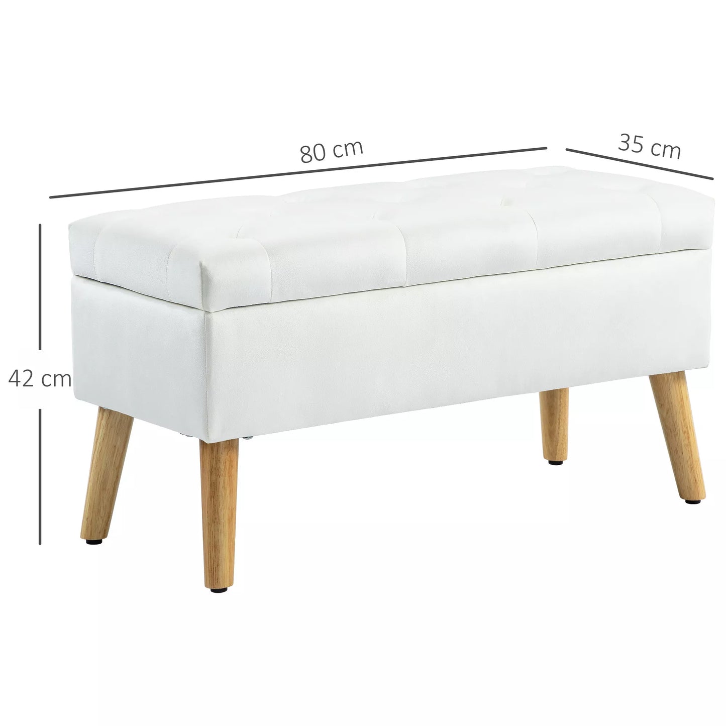 Puslys su daiktadėže, aksominio audinio apmušalas, medinės kojelės, skirta svetainei, miegamajam, koridoriui, 80 x 35 x 42 cm, balta