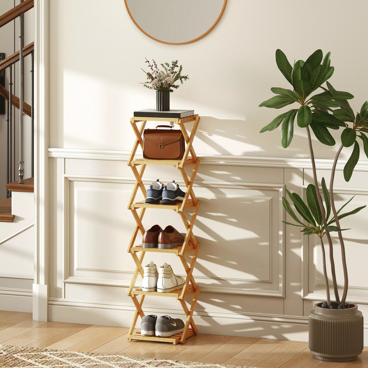 Batų stovas, sulankstomas batų stovas su 6 lygiais iš bambuko, skirtas maks. 9 poroms batų, 30 x 29 x 108 cm, natūralus