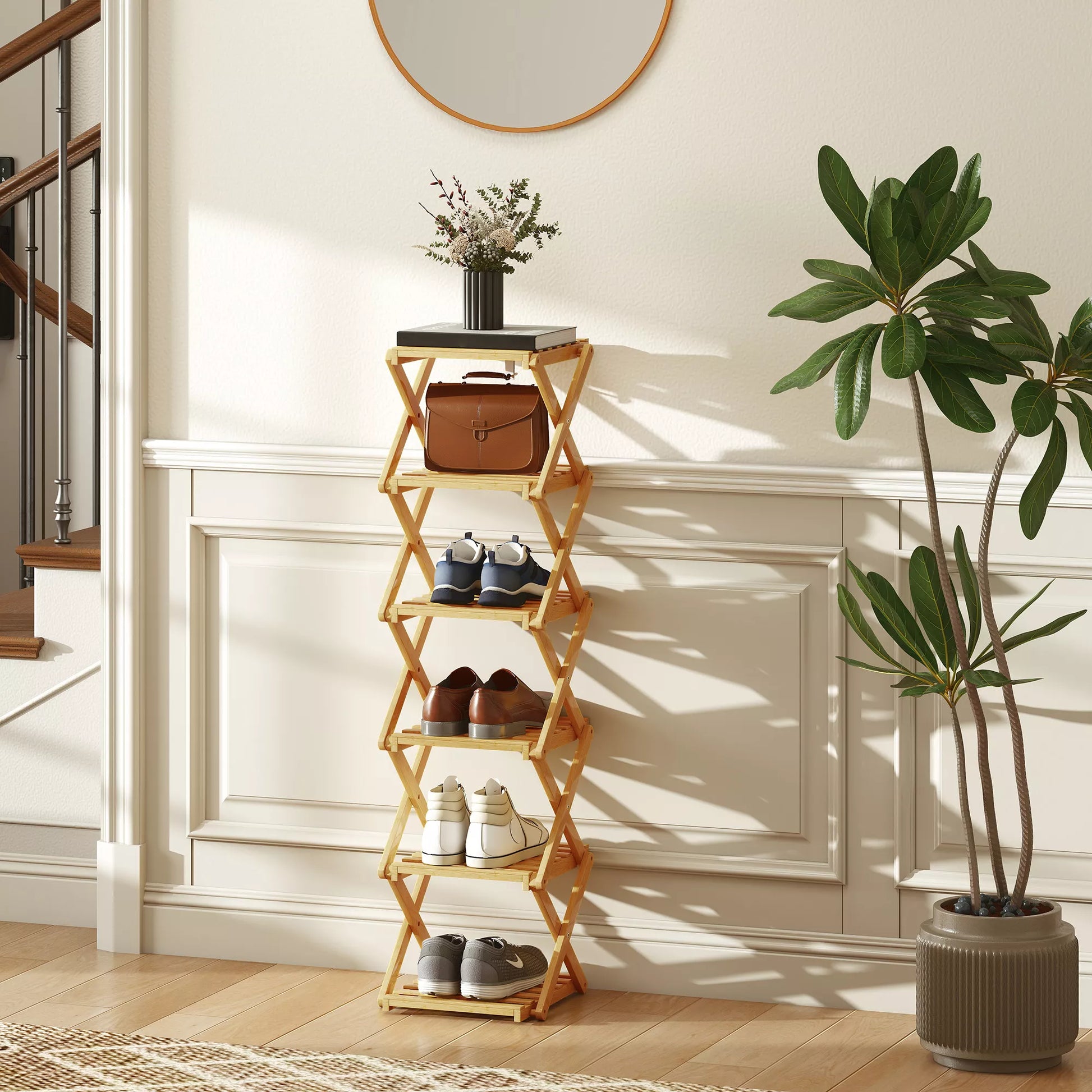 Batų stovas, sulankstomas batų stovas su 6 lygiais iš bambuko, skirtas maks. 9 poroms batų, 30 x 29 x 108 cm, natūralus